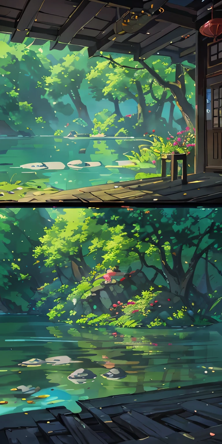 Chinese ancient times, spring, jungle, lake, cave, waterfall, tree, meadow, rock, deer, hot spring, water vapor, (illustration: 1.0), epic composition, realistic lighting, HD details, masterpiece, best quality, (very detailed CG unified 8k wallpaper)