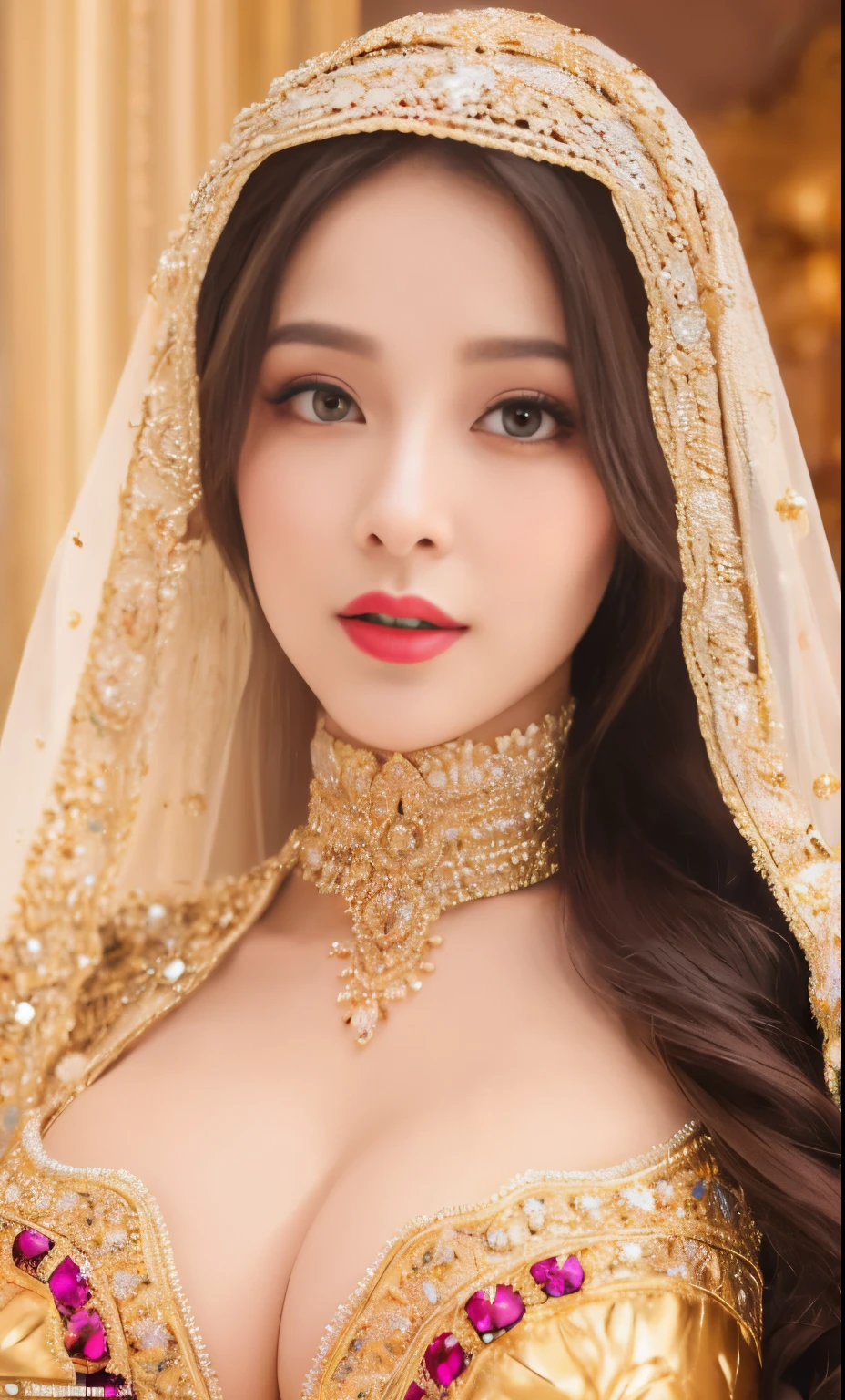 In a fantasy realm of unparalleled beauty, an enchanting girl with a radiant, heavenly complexion captivates the eye in an ultra-high-definition, 8K masterpiece. Her close-up face, adorned with a colorful hijab, exhibits red lips that pop against her flawless skin. Her (big breast) and (big cleavage) are accentuated by a narrow waist, creating an alluring hourglass figure that draws the gaze. Long eyelashes frame her big, beautiful eyes, which gleam with the slightest touch of eyeshadow. Her small face, adorned with big, expressive eyes, is revealed as she looks directly at the