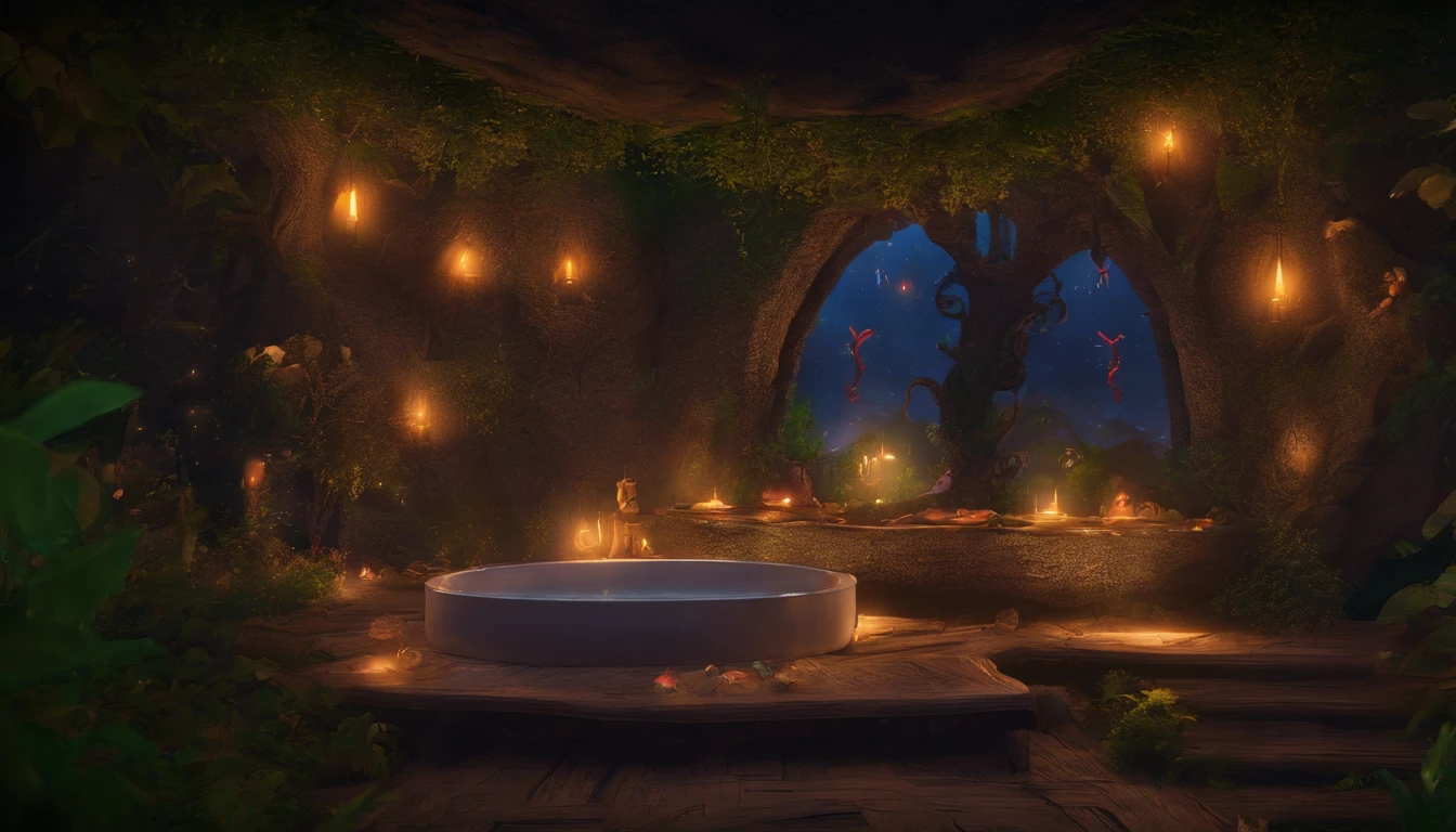 The bathroom of the fairy house, a dark and soothing space in the middle of the night, has a large natural rock bath in the center of the bathroom. The bath is designed in harmony with nature, with an atmosphere like a natural hot spring, filled with hot water, blue moonlight coming in through the windows, and a view of the dark forest and starry sky at midnight. The walls have indirect lighting that emits a pale light, warm wooden decking is laid out, and shelves made of natural wood and bamboo are decorated with fragrant herbs and flowers to refresh the body and mind. One-person viewpoint, Super Detail, high details, High quality, 8K