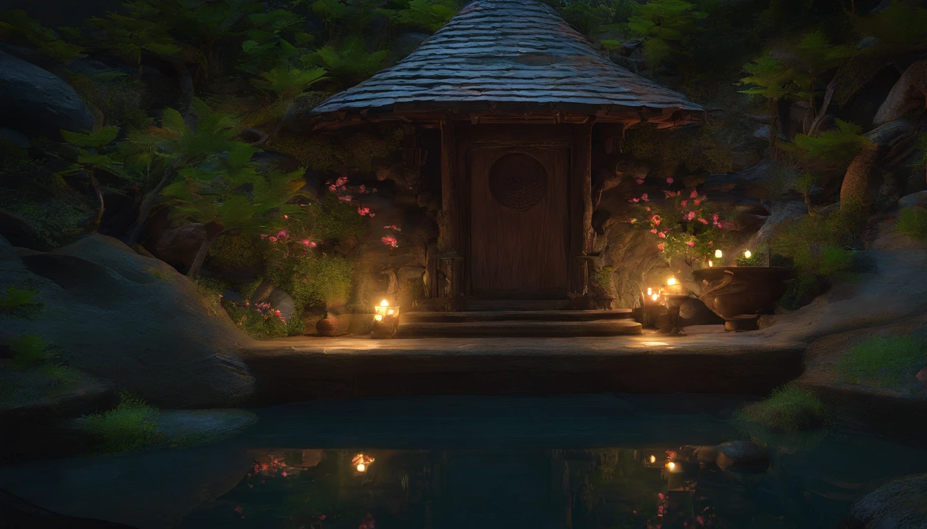 The bathroom of the fairy house, a dark and soothing space in the middle of the night, has a large natural rock bath in the center of the bathroom. The bath is designed in harmony with nature, with an atmosphere like a natural hot spring, filled with hot water, blue moonlight coming in through the windows, and a view of the dark forest and starry sky at midnight. The walls have indirect lighting that emits a pale light, warm wooden decking is laid out, and shelves made of natural wood and bamboo are decorated with fragrant herbs and flowers to refresh the body and mind. One-person viewpoint, Super Detail, high details, High quality, 8K