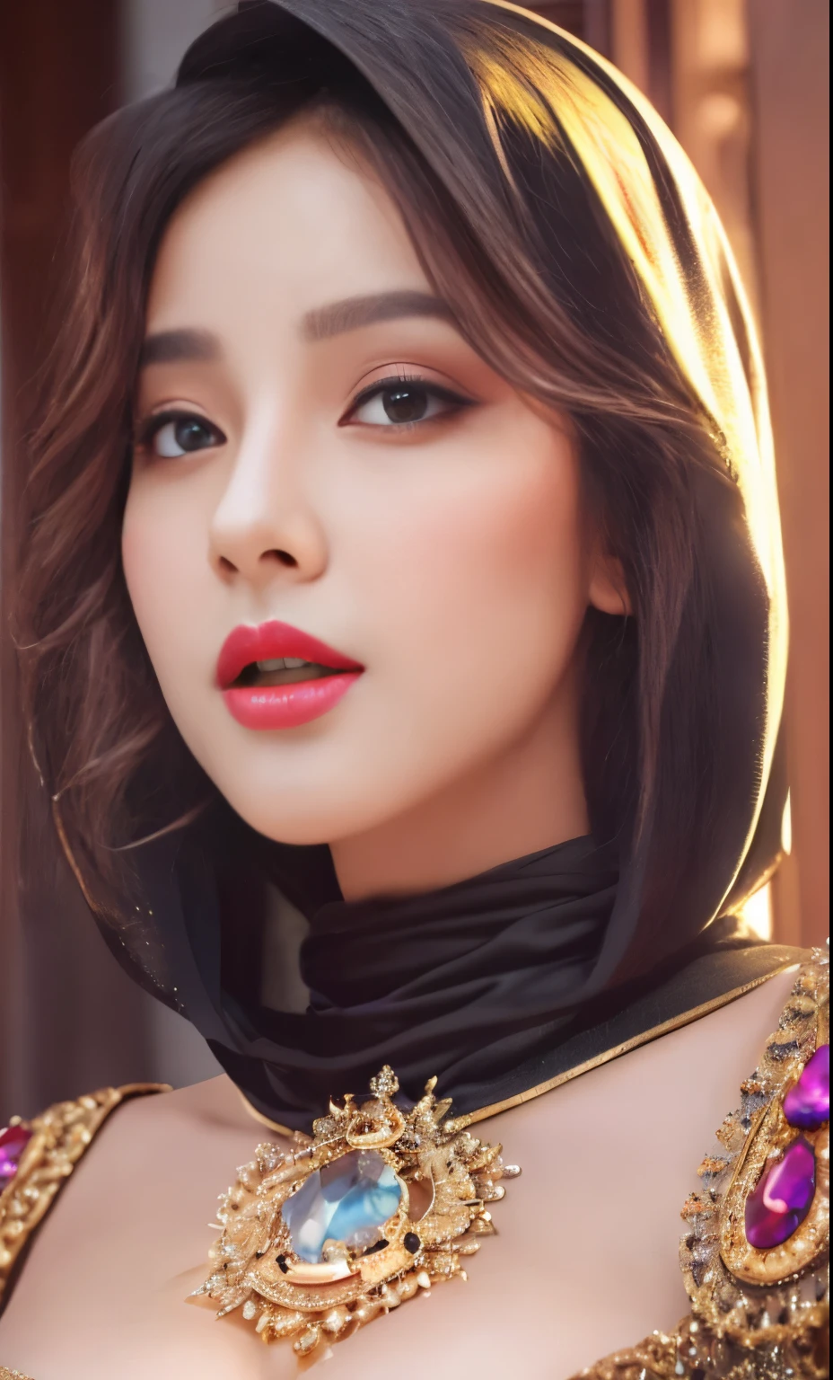 In a fantasy realm of unparalleled beauty, an enchanting girl with a radiant, heavenly complexion captivates the eye in an ultra-high-definition, 8K masterpiece. Her close-up face, adorned with a colorful hijab, exhibits red lips that pop against her flawless skin. Her (big breast) and (big cleavage) are accentuated by a narrow waist, creating an alluring hourglass figure that draws the gaze. Long eyelashes frame her big, beautiful eyes, which gleam with the slightest touch of eyeshadow. Her small face, adorned with big, expressive eyes, is revealed as she looks directly at the