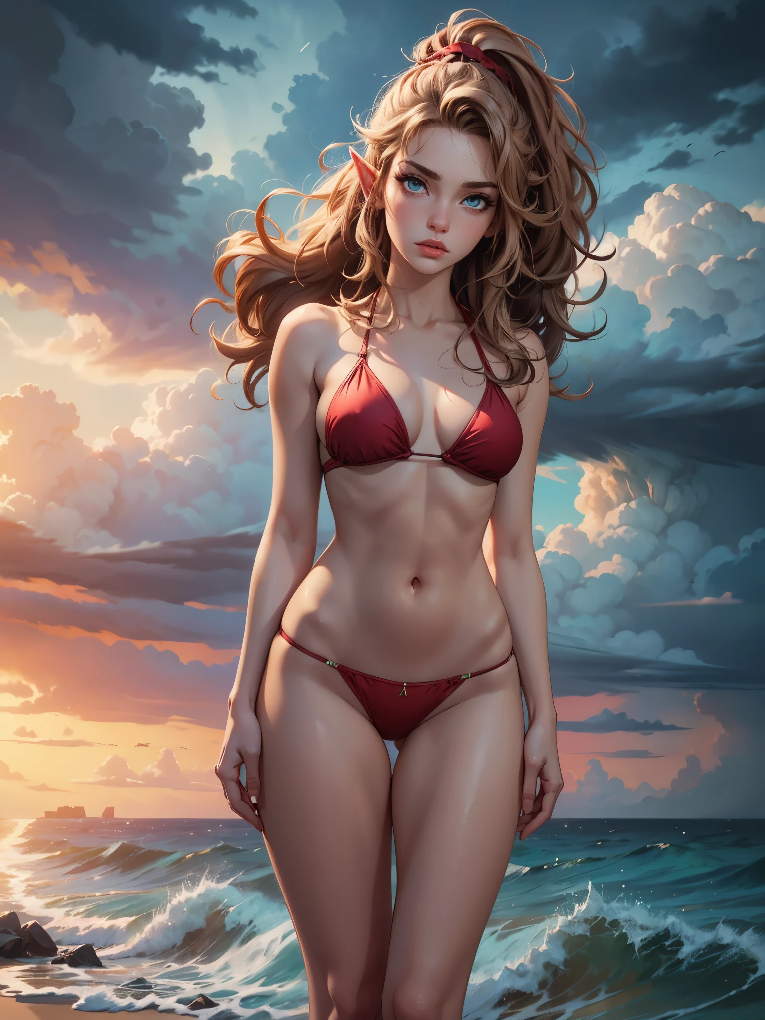 (best quality,ultra-detailed,highres:1.2),realistic,long-legged girl,(beautiful detailed eyes and face,high-resolution eyes),(beautiful detailed lips,high-resolution lips),(extremely detailed eyes and face:1.1),(long eyelashes:1.1), wearing a bikini, crimson_bikini, half-elf,model figure,(ash-colored ponytail:1.1),sexy pose,stormy beach,beach scene,graceful,wavy hair,stormy atmosphere,stormy sky,dramatic lighting,vivid colors,concept art style