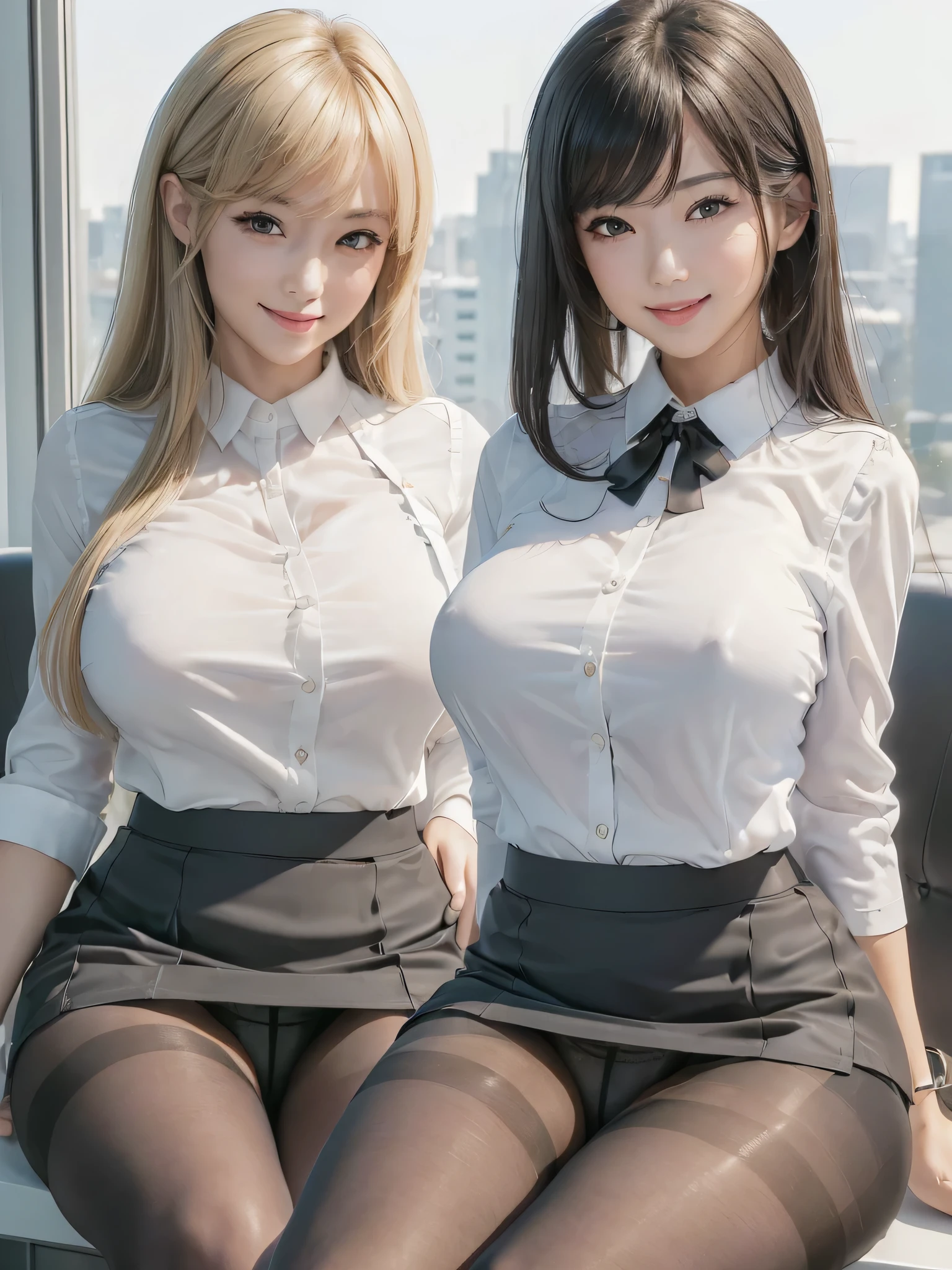 (best quality, masterpiece:1.5), (ultra-detailed, realistic:1.37),(office uniform),(blowse),(black pantyhose:1.2),(upskirt white panties:1.2),black miniskirt, woman,smile,japanese,cute,perfect face,perfect hands,perfect legs,perfect fingers,sitting 