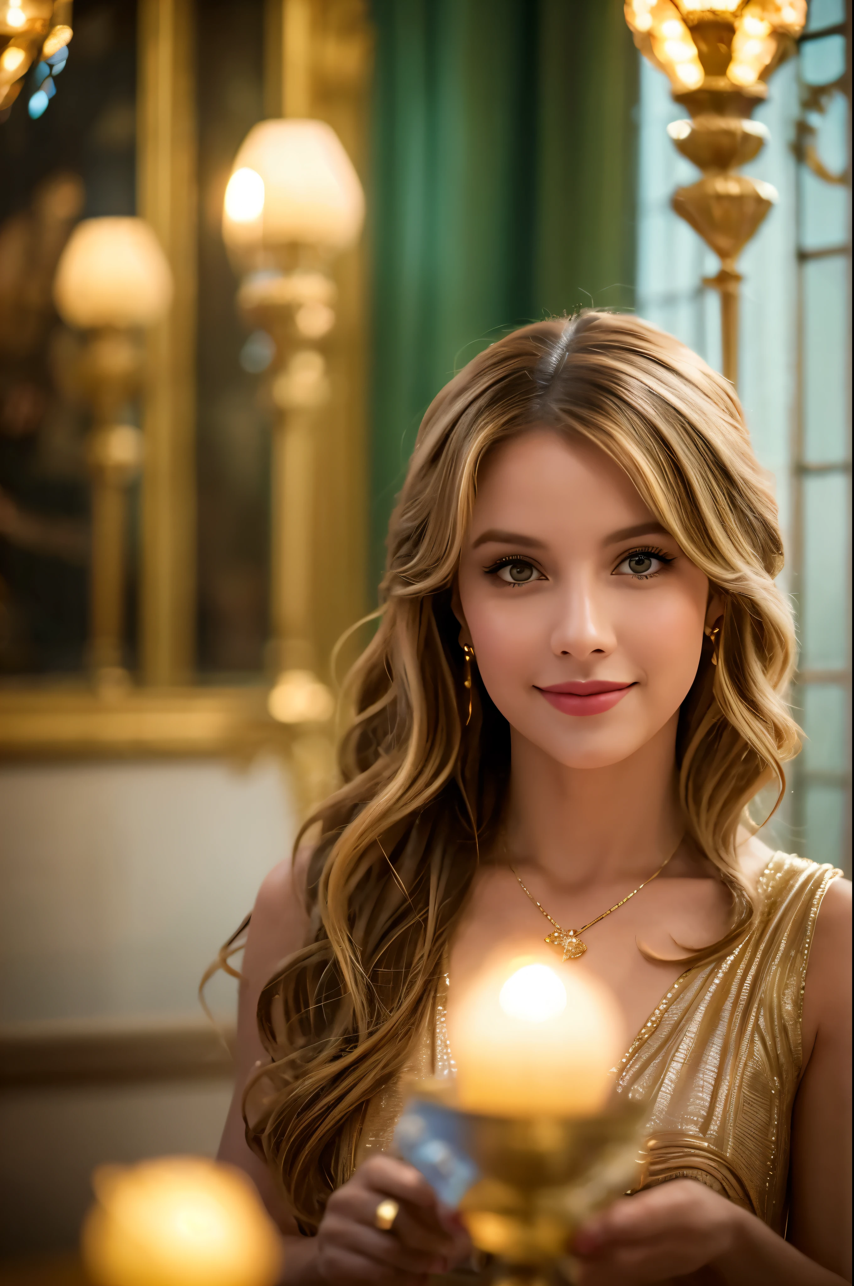 1 girl, blonde hair, brown hair, light brown hair, long hair, aqua eyes, smile, Art Deco, rococo style, high detail, Romanticism, Gothic art, Hyperrealism, depth of field, cinematic lighting, ray tracing, first-person view, f/1.8, 85mm, Nikon, Sony FE GM, Nikon, interior architecture, backlighting, lens flare, UHD, retina, masterpiece, ccurate, anatomically correct, textured skin, super detail, high details, high quality, award winning, best quality, highres, 8k, 4K