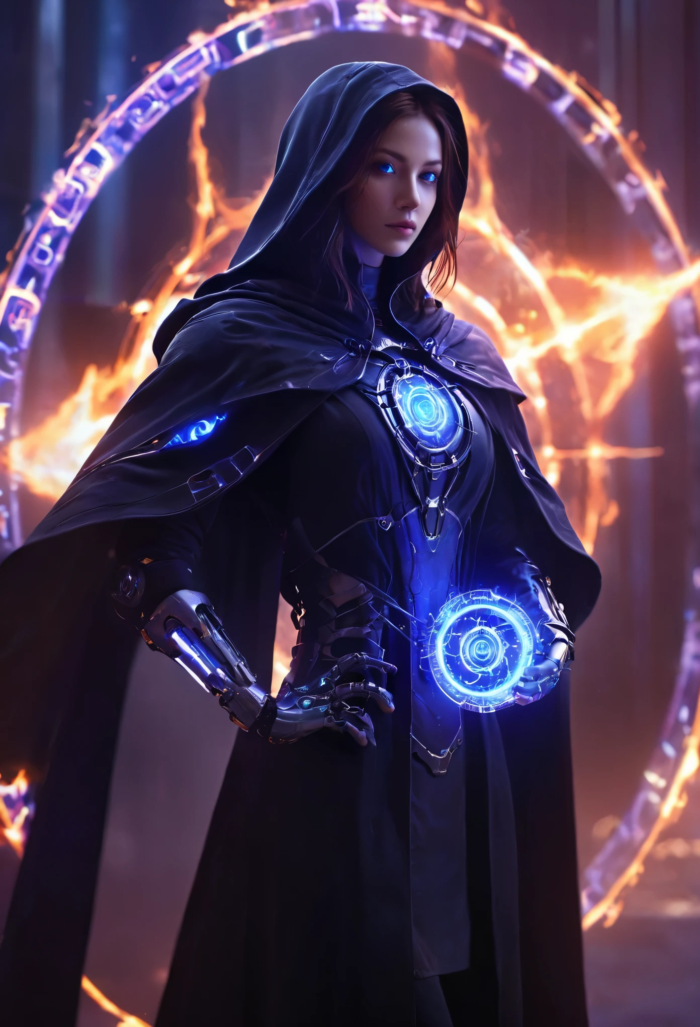 magic circle,magic array,magic circles,magic array,1girl,mecha,black,cloak,dark style,ultra wide,octane render masterpiece,beautiful depth of field,ultra wide field,ultra detailed CG perspective,ultra dynamic lighting amazing shadows,cityscape,hell,blue fluorescence,