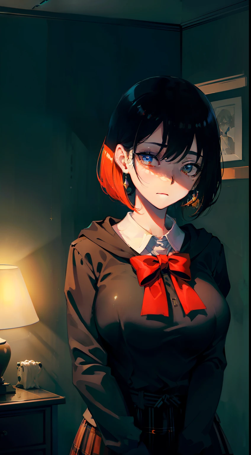 cinematic lighting、(key light:Front diagonal 45 degrees, fill light、Backlight、Shadow、blue and orange color palette), accurate human body、knowledgeable person、Correct five-finger、Raw photo、 4K - ultra-vivid、highest quality, masterpiece, ultra high resolution, (reality: 1.4),
(((oil skin,glowing skin、realistic skin texture、fine and beautiful skin、shiny skin、shiny skin)))、
upper body shot, camera angle is low, written boundary depth, Focus on the center, fine eyes, perfect face and eyes、
girl, black short bob, early teens, Black hoodie with pockets, plaid mini skirt, Purple collar, black face mask, earrings,
big breasts, thin, Are standing , Naughty,
zettai ryouiki, absurd解決策, absurd, highest quality, (((big breasts、big breastsの谷間)))、dark room、A room without lights、Desaturated room、love hotel bed、indoor、love hotel bedルーム