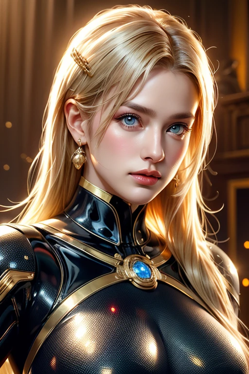 realistic, Realistic picture,Masterpiece,high resolution, woman ,With blue eyes, look at the audience., (detailed face), With blue eyes,blonde hair, cybernetic robot,Metallic red body/gold color,(The details of the outfit were perfect..) The background is a deserted city..