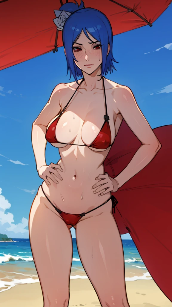 Konan, blue hair, red eyes, big breasts, (sexy micro bikini), (whore bikini: 1.5), looking at the viewer, sexy, anatomically correct, detailed eyes, detailed face, standing, (beach background: 1.5), her areolas are visible from bikini