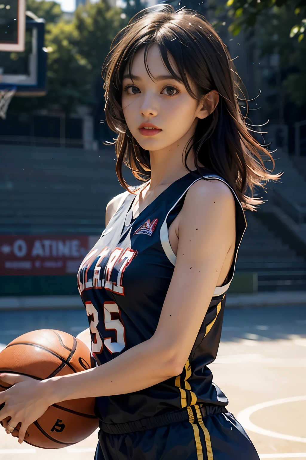 8 thousand, best quality, masterpiece: 1.2), (realistic, realistic: 1.37), very detailed, best quality, ultra high resolution, professional lighting, photon mapping, radio city, Physically Based Rendering, movie lights , Basketball courts, depth of field, Concentrate upon, sun rays, good composition, (bokeh: 1.2), 1 girl, (whole body), (closed mouth), beautiful eyes, pose, constriction, basketball uniform, black hair , messy hair, long hair blowing in the wind,(Ulzzang-6500:1.2) mix 4, hiqcgbody, big bust, A little sexy outfit, clothes:random color,