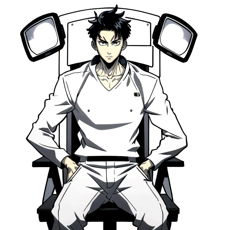 (best quality: 1.5, masterpiece, minimalist, whitebackground: 2, black and white, anime), 1 boy, 1 ager, upperbody, lineart, itadori yuji, front view, traffic light, fulbody, portrait, edgCultist, man sitting on a chair,