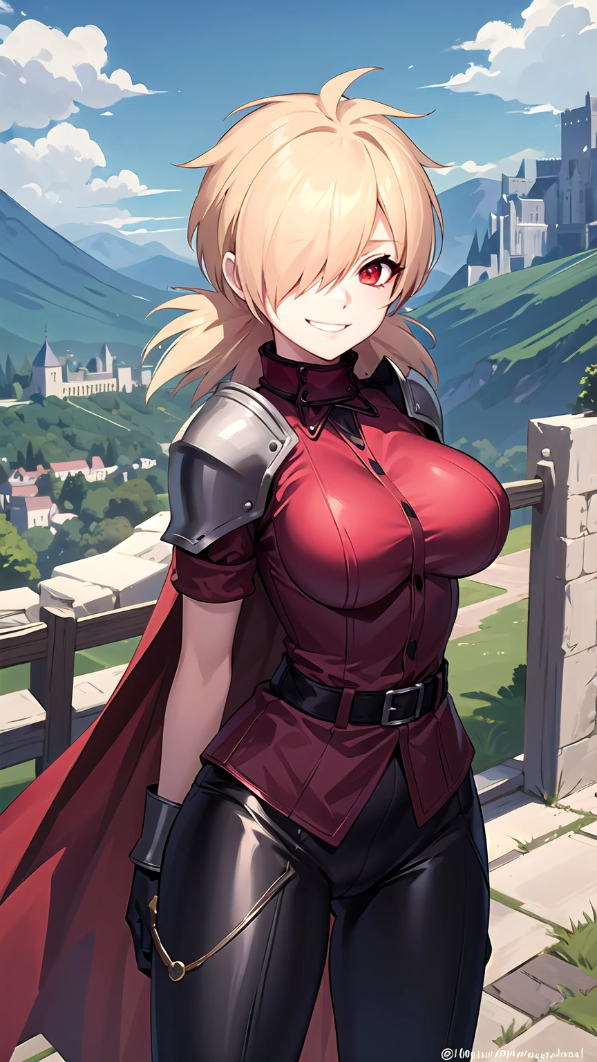 (masterpiece, best quality, detailed), 1girl, solo, seras victoria, hair over one eye, looking at viewer, 
armor, breastplate, armored dress, cape, gauntlets, shoulder armor, bodysuit, outdoors, mountain, castle, fantasy, scenery, sky, hands behind back, smirk, red eyes,  boob window, breast window, sexy