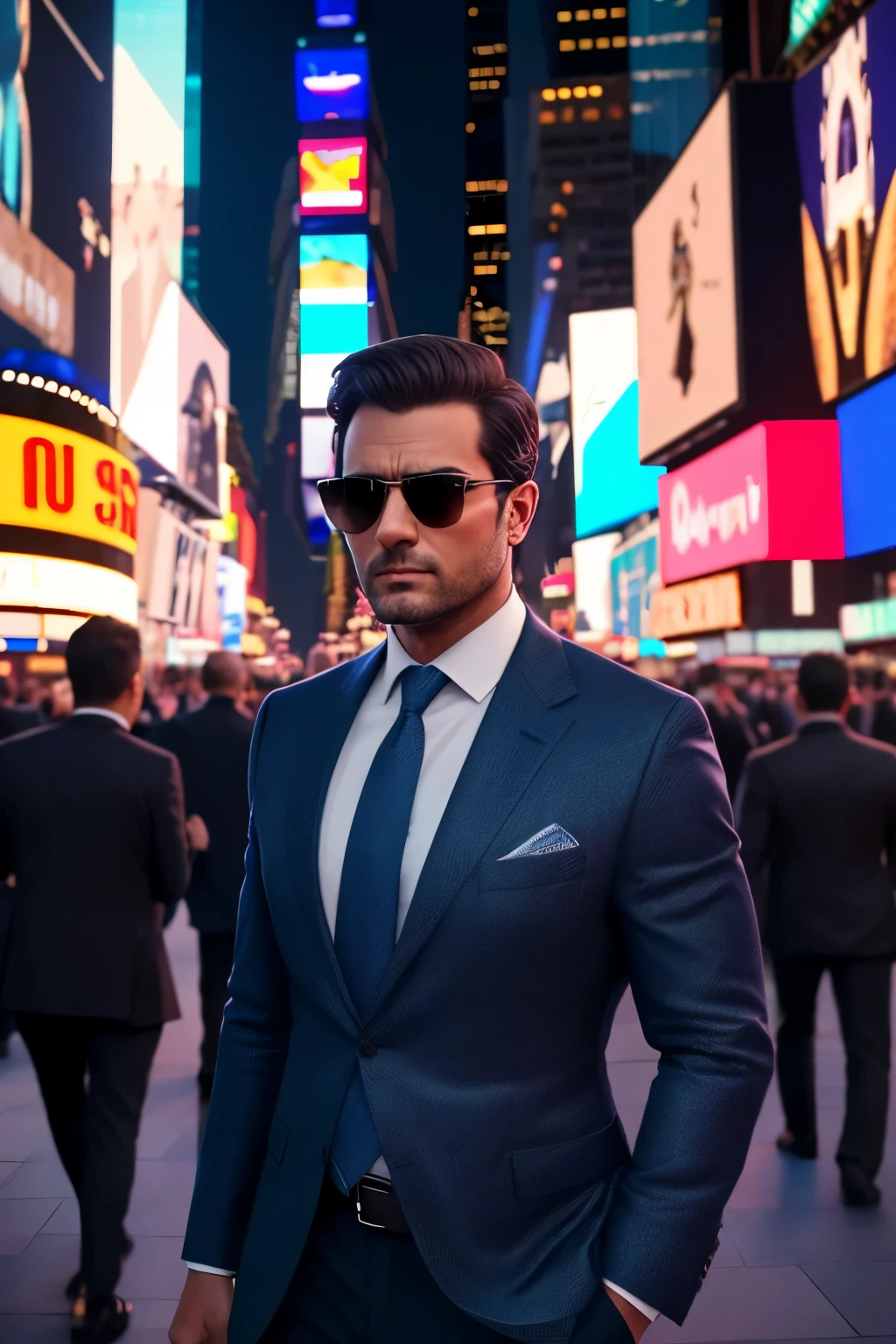 A man, standing boldly in the heart of Times Square, is engulfed by the vibrant city lights. The ultra-realistic video, harnessing all of Moonvalley's capabilities, captures every intricate detail in high definition. The man, impeccably dressed in a tailored suit and dark sunglasses, commands attention. As he walks through the bustling crowd, the people around him pause and take notice. Their curious gazes follow him, intrigued by this enigmatic figure. With sharp focus and precise detail, the video immortalizes each interaction, a testament to the power of realistic storytelling. (1.3, Realistic, Super realistic, Real