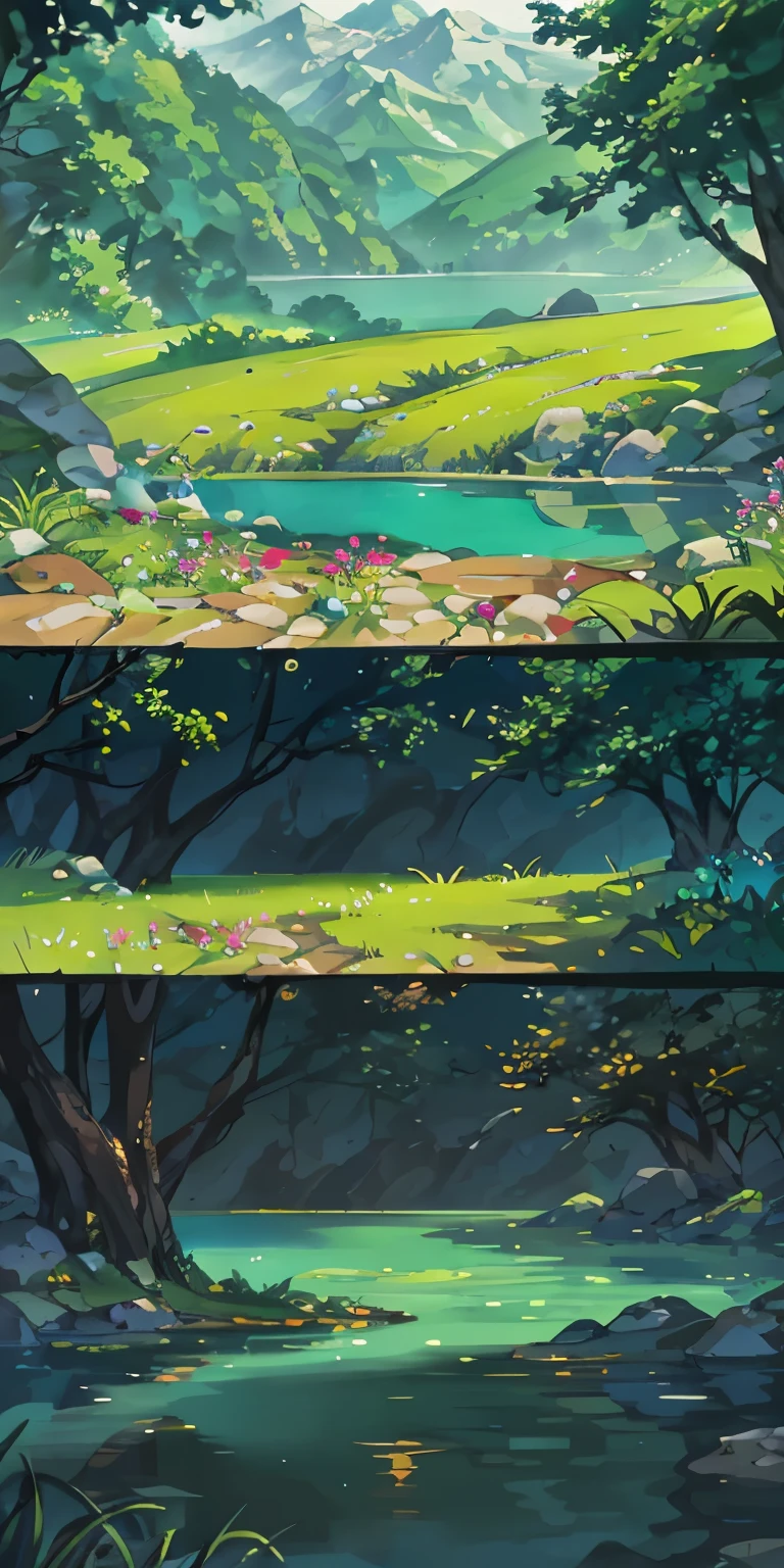 Chinese ancient times, spring, jungle, lake, cave, waterfall, tree, meadow, rock, deer, hot spring, water vapor, (illustration: 1.0), epic composition, realistic lighting, HD details, masterpiece, best quality, (very detailed CG unified 8k wallpaper)