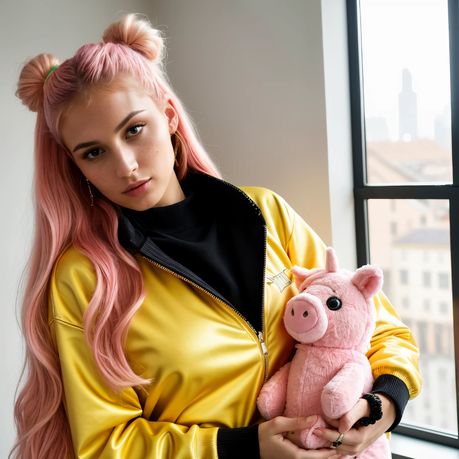 photo of (federica:0.99) , full body of Marzia Synthwave handling a unicorn peluche , Charlotte Free, 1/2 italian 1/2 polish woman as a sexy TikTok influencer, tall, slim, thin, fit, long legs, pale skin, defined cheecks, diamond shaped face, freckles, pink hair, twintails, piggy tails, indoors , modelstyle photoshoot, full body pose , neon bokeh background , wearing glittered bomber jacket, retro style t-shirt and denim jeans, 80's style outfit, small , cleavage, sexy , seductive , tempting, (extremely detailed CG unity 8k wallpaper), photo of the most beautiful artwork in the world, professional majestic (photography by Mario Testino), 8k uhd, dslr, film grain, Fujifilm XT3 sharp focus, f 5.6, High Detail, Sharp focus, dramatic, (looking at viewer:1.2), (detailed pupils:1.3), (natural light), (seductive) , (masterpiece:1.3), (8k, photorealistic, RAW photo, best quality: 1.4), (1girl), beautiful face, (realistic face), beautiful hairstyle, realistic eyes, beautiful detailed eyes, (realistic skin), beautiful skin, (black sweater), absurdres, attractive, ultra high res, ultra realistic, highly detailed, golden ratio , handling a unicorn plush , add pink hair