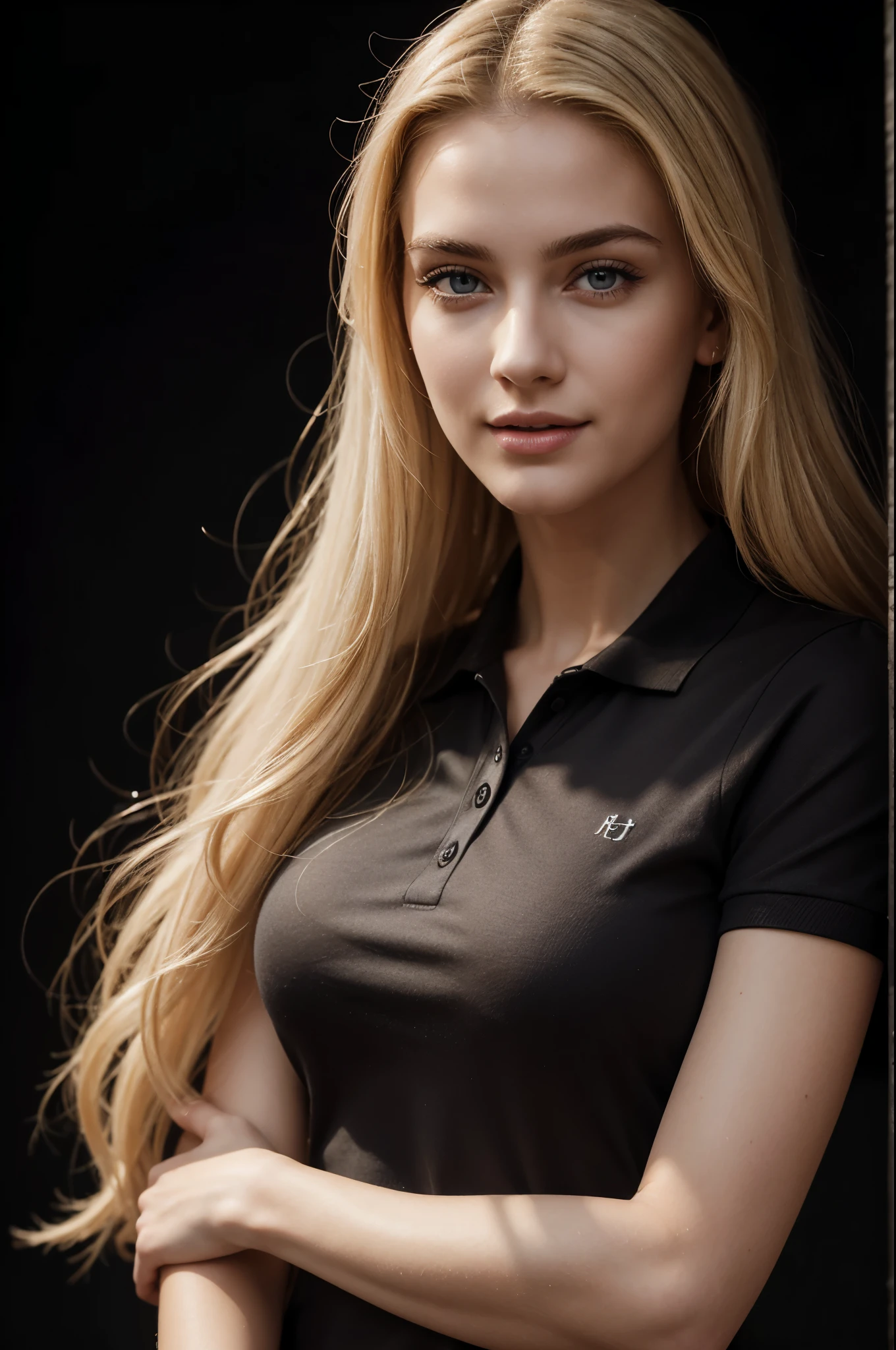 masterpiece, best quality, extremely detailed, hyperrealistic, photorealistic, a beautiful 20s french model, blackbackground:1.1, applauding, darkgray polo shirt:1.2, ultra detailed face, forehead, blonde hair, pale skin, busty breasts, laughing