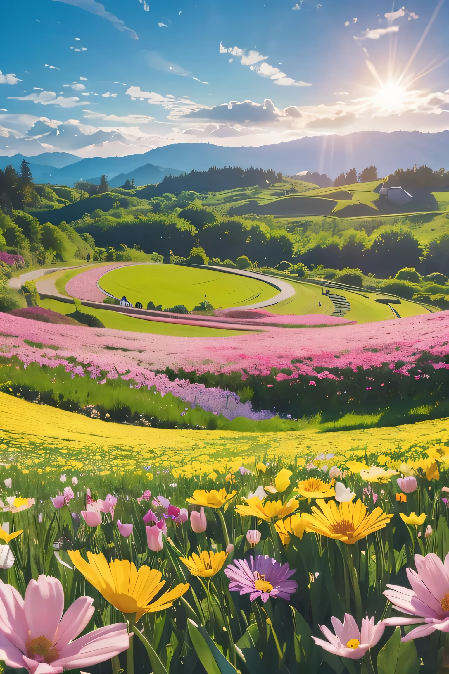 A spring landscape photo,There is a sea of flowers,sunny,Full of hope,Fascinating scene