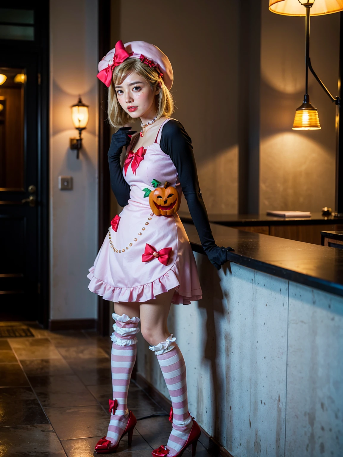 (1 lady), The beautiful, (Best quality at best:1.4), (ultra - detailed), (extremely detailed CG unified 16k), gold blonde hair, very detailed, High-definition RAW color photo, professional photoshooting, amazing face and eyes, cosmetics, (amazingly beautiful girl), ((lambdadelta)), ((dress, shoes bow, red shoes, striped stockings, red bow, pink hat, necklace, gloves, pearl, pumpkin brooch, pink dress)), standing, sexyposture,(Dark and stylish bar, drinks, lamp lights, lamp lights:1.3), (look from down), realistic cinematic face, head to feet long wide zoomed out view, full body long view, photorealistic, ((realistic natural blonde hair style, honey eyes)), gorgeous, extremely beautiful face, perfect model beauty, pout mouth, flirting smile, cleavages, city girl, western, shopping in the city, (masterpiece), best quality, high resolution, extremely detailed, blurred background, depth of field, cinematic lighting, amazing legs, high heels, clear and well-cared skin, ((girl occupying most of the picture))