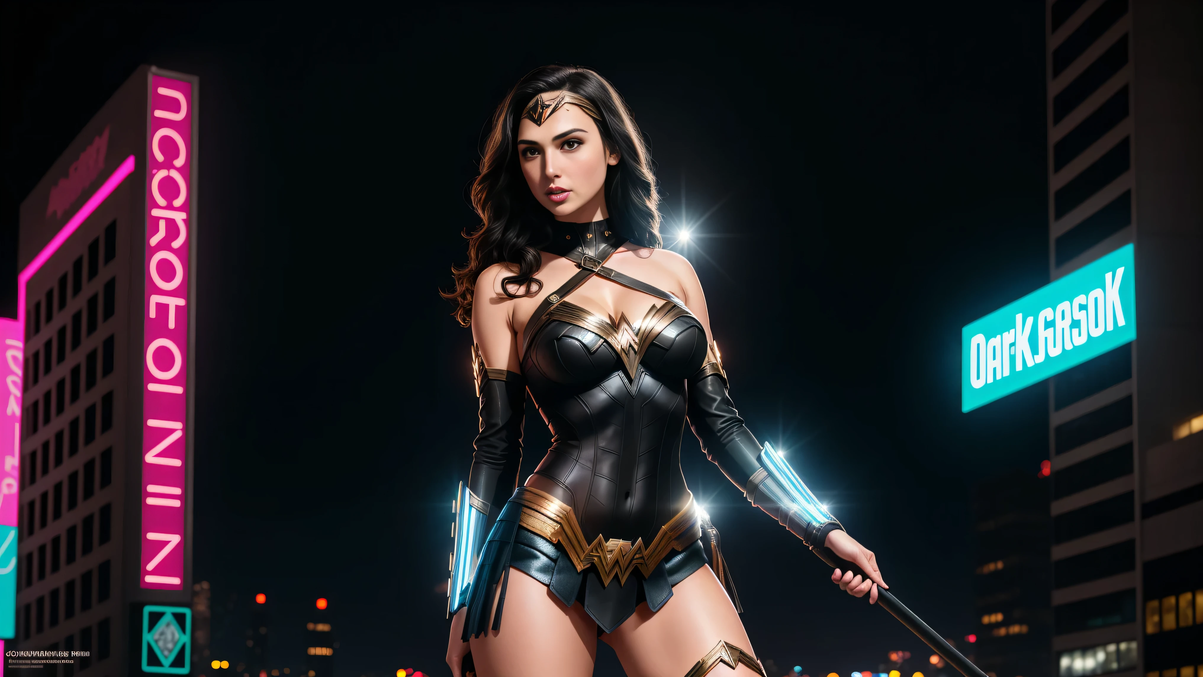 there  IS GAL GADOT AS WONDER WOMAN standing, long hair, 3 d neon art of a womans body, neon-noir background, cyberpunk femme fatale, seductive cyberpunk dark fantasy, cyberpunk strip clubs, cyberpunk 20 y. o model girl, oppai cyberpunk, banner, high definition cgsociety, cgsociety masterpiece, trending on cgstation, kda, random hair, looking at camera, gigantic breasts, cleavage, (high detailed skin:1.2), 8k uhd, dslr, super lighting, high quality, film grain, high res, highly detailed, hyper realistic, beautiful face, beautiful body, beautiful eyes nose lips, alluring expression, very bold, upper  visible, full body photo, standing legs apart, pale translucent glowing skin, most beautiful face, cute, (well defined pubic hair:1.2)), (dark plain black background:1.4))