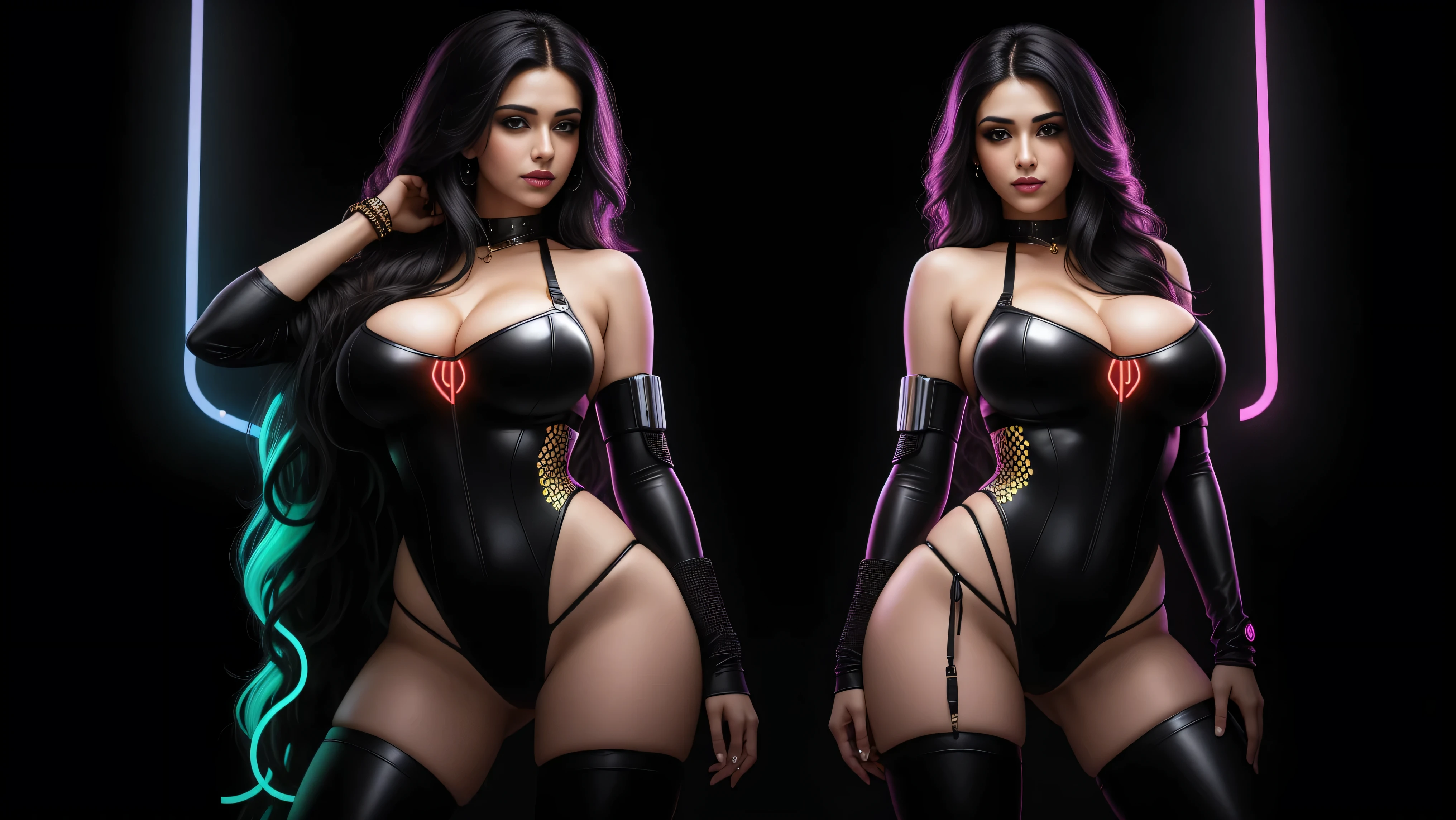 there a Persian woman standing, long curly hair, 3 d neon art of a womans body, neon-noir background, cyberpunk femme fatale, seductive cyberpunk dark fantasy, cyberpunk strip clubs, cyberpunk 20 y. o model girl, oppai cyberpunk, banner, high definition cgsociety, cgsociety masterpiece, trending on cgstation, kda, random hair, looking at camera, gigantic breasts, cleavage, (high detailed skin:1.2), 8k uhd, dslr, super lighting, high quality, film grain, high res, highly detailed, hyper realistic, beautiful face, beautiful body, beautiful eyes nose lips, alluring expression, very bold, upper visible, full body photo, standing legs apart, pale translucent glowing skin, most beautiful face, cute, (well defined pubic hair:1.2)), (dark plain black background:1.4))