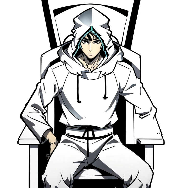 (best quality: 1.5, masterpiece, minimalist, whitebackground: 2, black and white, anime), 1 boy, 1 ager, upperbody, lineart, itadori yuji, front view, traffic light, fulbody, portrait, edgCultist, man sitting on a chair, hood on: 2