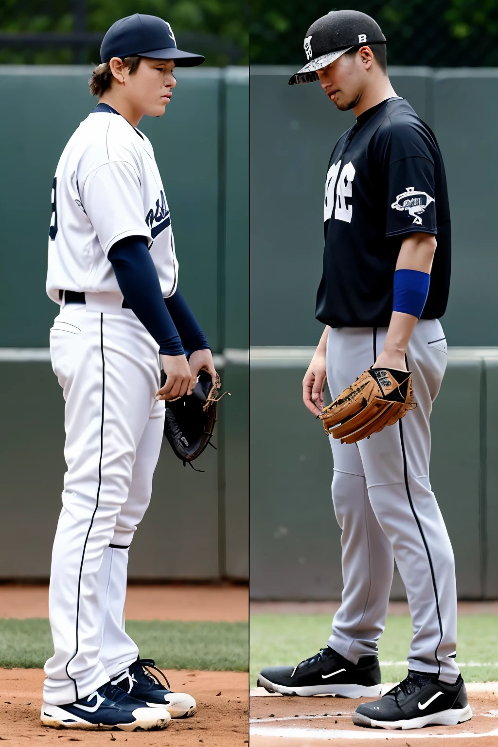 A baseball pitcher and catcher stand back-to-back(not facing each other) as a battery; both are male with short hair. The pitcher, standing left, is holding a small baseball without protective gear (no helmet or catcher's mask). The catcher standing to the right is wearing protective gear (helmet, catcher's mask and body protector).