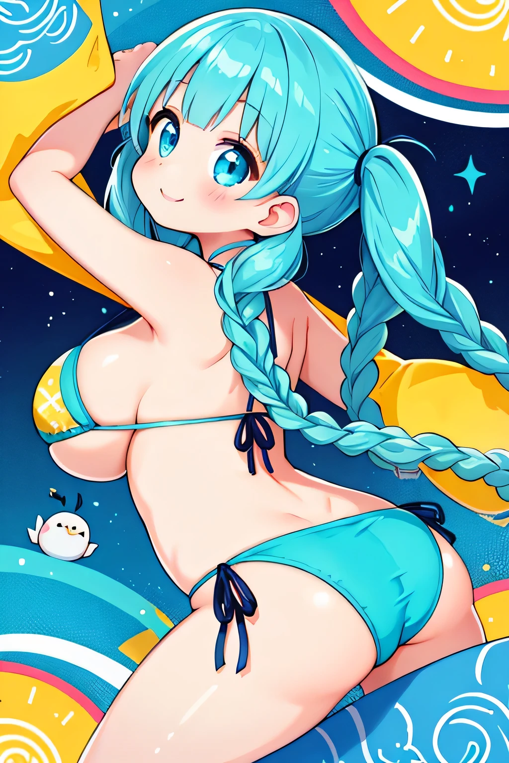 (highest quality:1.4)、detailed beautiful face、anatomically correct、huge breasts、woman in her 20s、3 women、Under the deep sea、backwards、braided twin tails、A large acyclo bikini with a bright pattern and bright colors、smile、Turn around to highlight your butt、cute