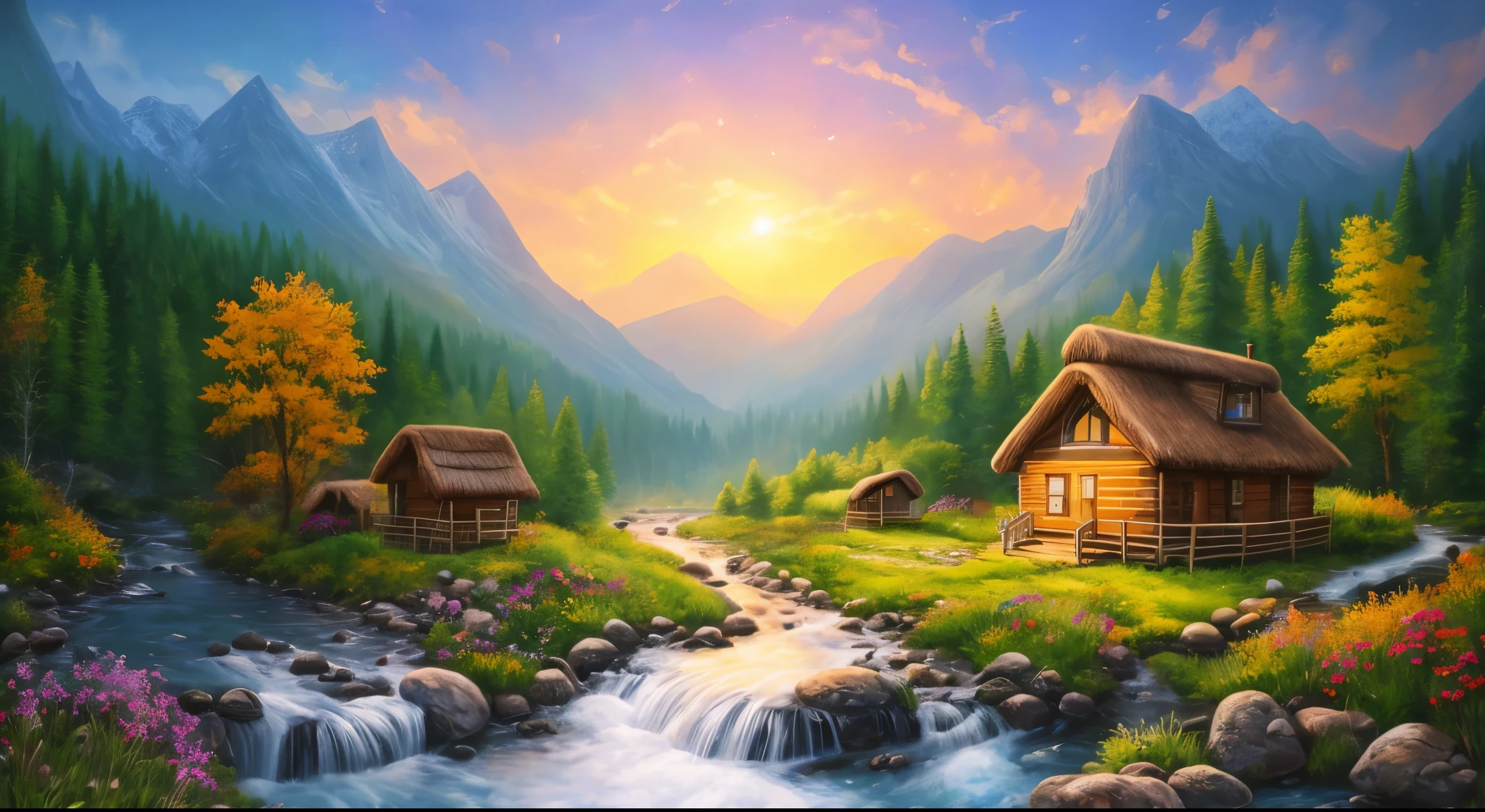 painting of a cabin in a mountain valley with a stream running through it, beautiful art uhd 4 k, background artwork, detailed painting 4 k, 8k high quality detailed art, 4k highly detailed digital art, scenery art detailed, 4 k hd wallpaper illustration, landscape wallpaper, amazing wallpaper, dream scenery art, scenery wallpaper, 4 k hd wallpaper very detailed