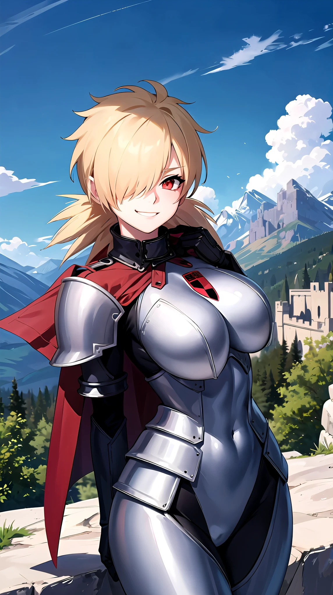 (masterpiece, best quality, detailed), 1girl, solo, seras victoria, hair over one eye, looking at viewer, 
armor, breastplate, armored dress, cape, gauntlets, shoulder armor, bodysuit, outdoors, mountain, castle, fantasy, scenery, sky, hands behind back, smirk, red eyes,  boob window, breast window, sexy