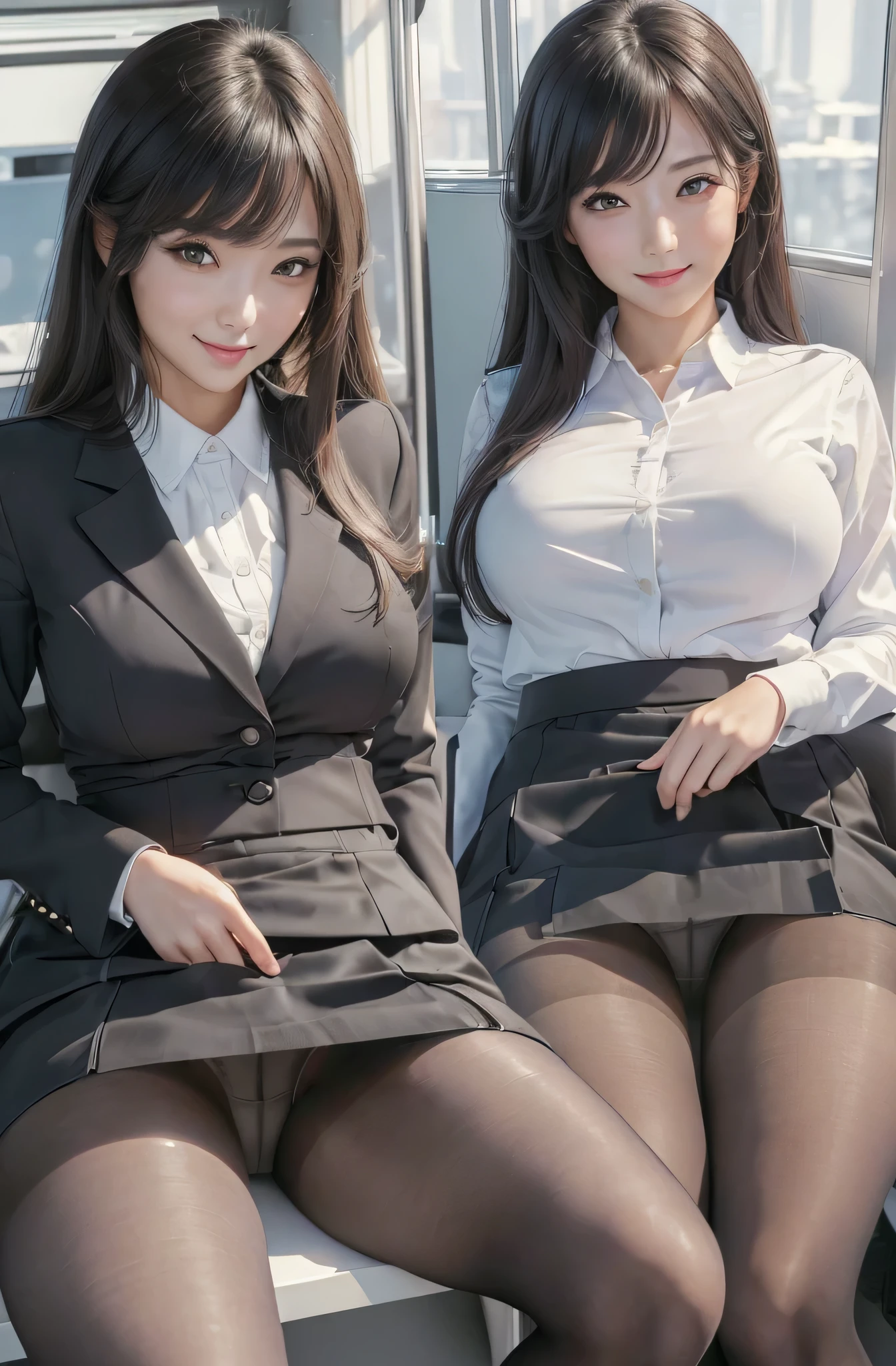 (best quality, masterpiece:1.5), (ultra-detailed, realistic:1.37),(office uniform),(blowse),(black pantyhose:1.2),(upskirt white panties:1.2),black miniskirt, woman,smile,japanese,cute,perfect face,perfect hands,perfect legs,perfect fingers,sitting
