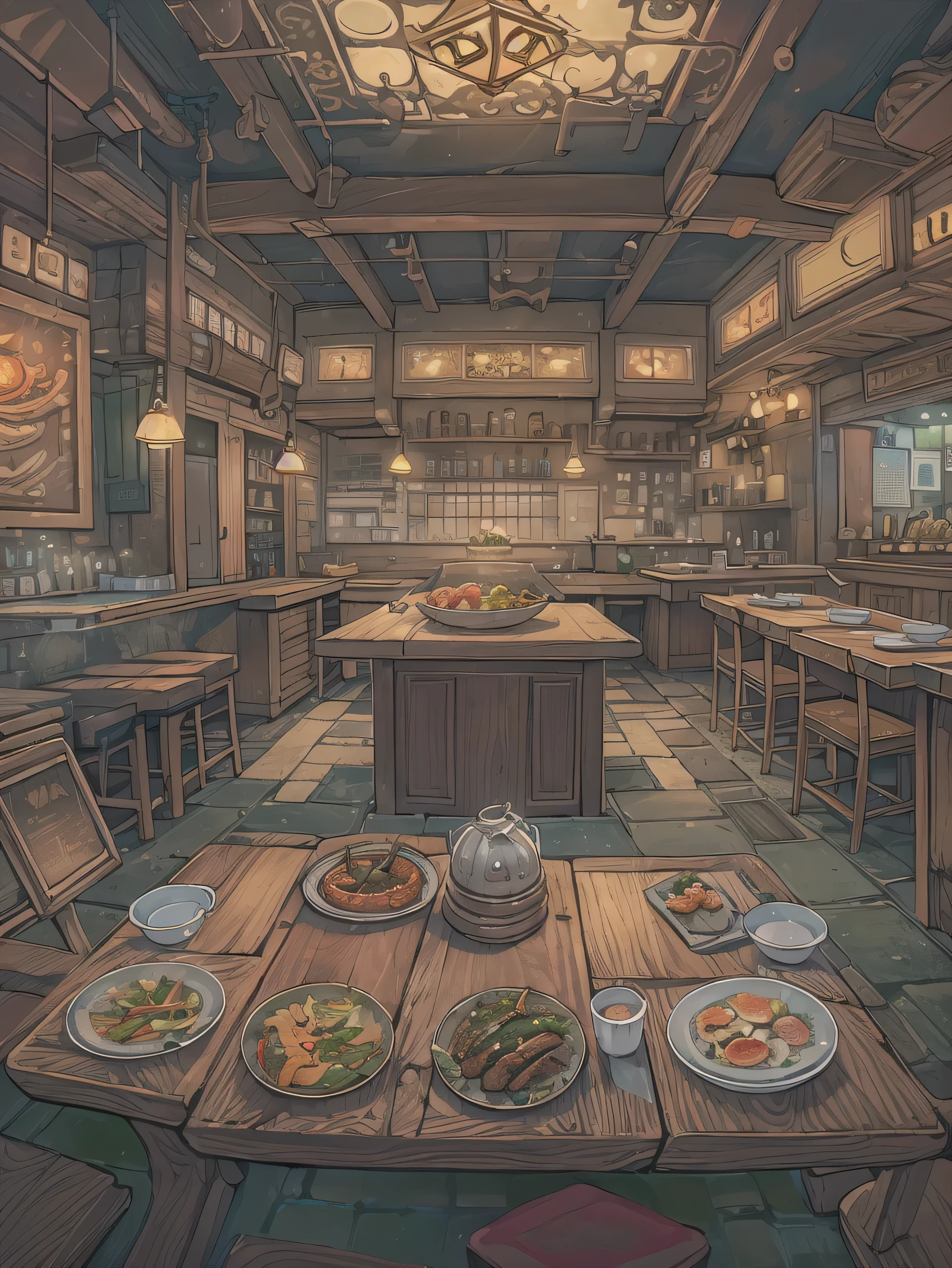 (masterpiece), best quality, very detailed, fantasy art, Oriental traditional high-end restaurant, Korean restaurant atmosphere, Upscale indoor pub atmosphere, Atmosphere of the 1980s, Shown only as background, no people, Ambient lighting in the middle of the night, Screen viewed from a 25 degree angle, cooking table, space without people, Fine dining, Cooking table in the center of the screen, Neat tables on the left and right, no people,