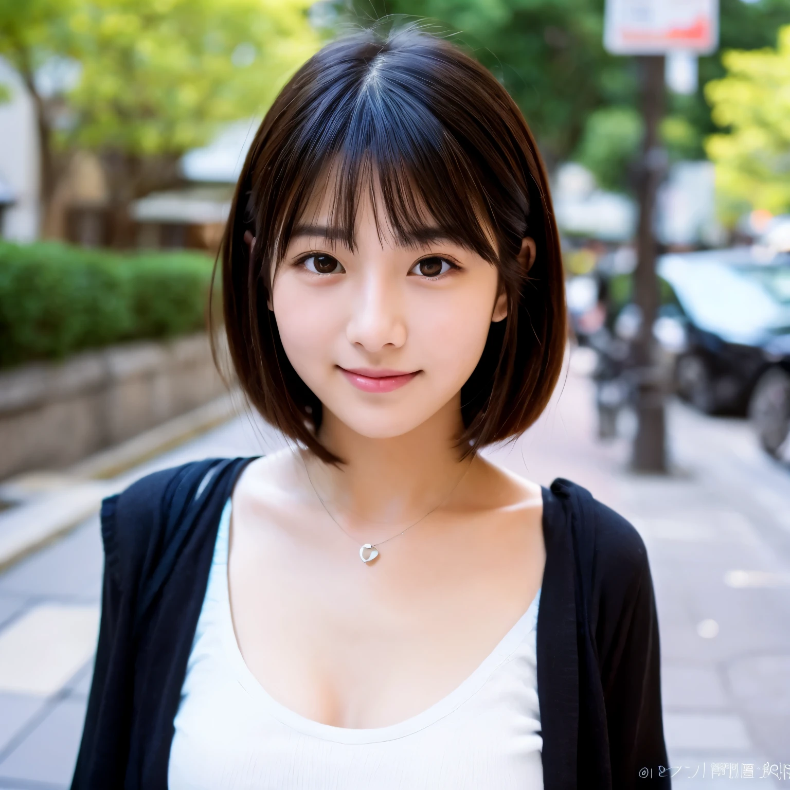 masutepiece, Best Quality, Illustration, Ultra-detailed, finely detail, hight resolution, 8K Wallpaper, Perfect dynamic composition, Beautiful detailed eyes, Women's Fashion,Very short hair,Small breasts natural color lip, Smile,Harajuku、20 years girl、Cute、Kamimei、street snap