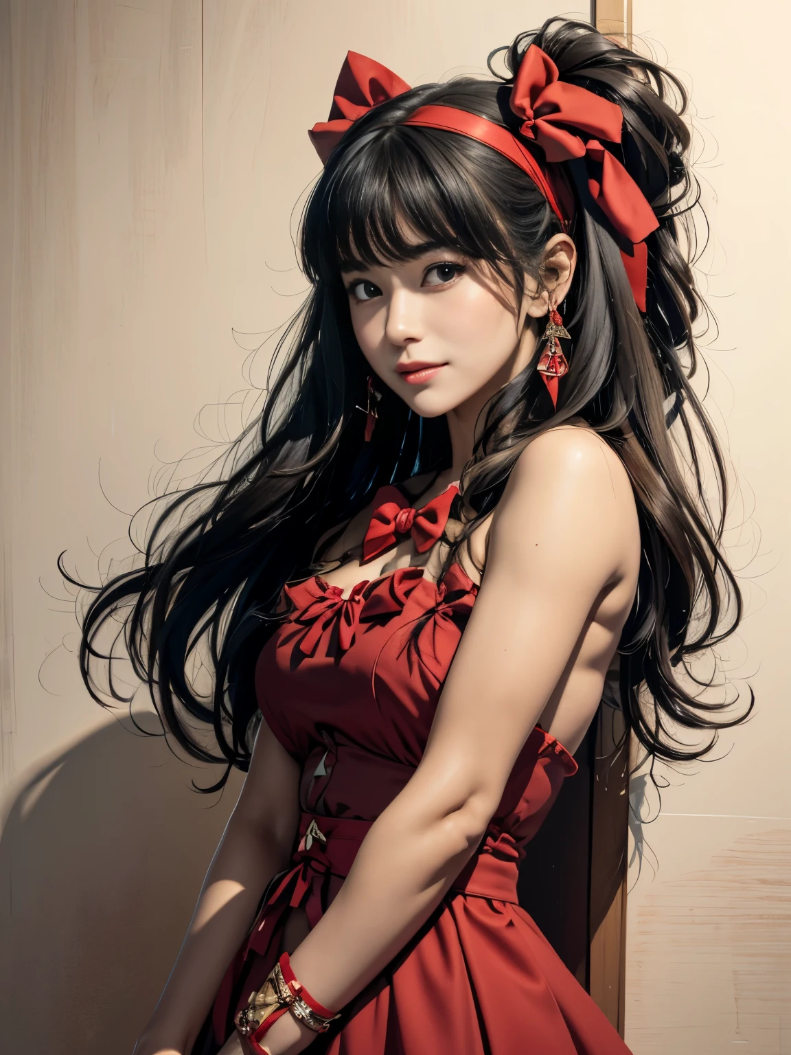 masterpiece, best quality,1 girl, alone, discomfort, red bow, bow, long hair, hair bow, Eve's Clothes, alone, Headband, black hair, Bangs, red Headband, medium breasts, brown eyes,masterpiece, faint smile, (illustration: 1.5), Run to the audience