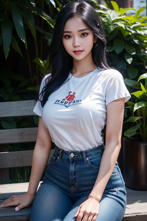 1 Indonesian girl, outdoors, detailed long black hair, detailed face, detailed eyes, medium breasts, shiny skin, looking at the viewer, wearing a white graphic t-shirt, dark blue long Levis pants (soft smile: 1.2), (happy), (8k , RAW photo, best quality, masterpiece: 1.2 ), (realistic, realistic: 1.37), very high resolution