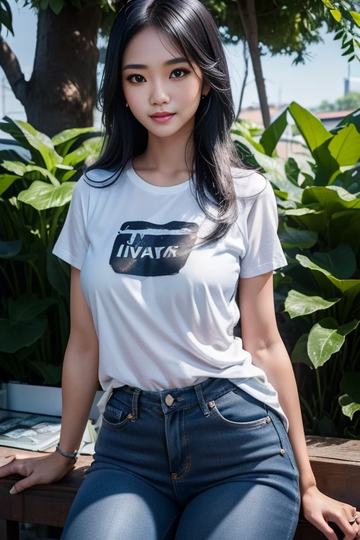 1 Indonesian girl, outdoors, detailed long black hair, detailed face, detailed eyes, medium breasts, shiny skin, looking at the viewer, wearing a white graphic t-shirt, dark blue long Levis pants (soft smile: 1.2), (happy), (8k , RAW photo, best quality, masterpiece: 1.2 ), (realistic, realistic: 1.37), very high resolution