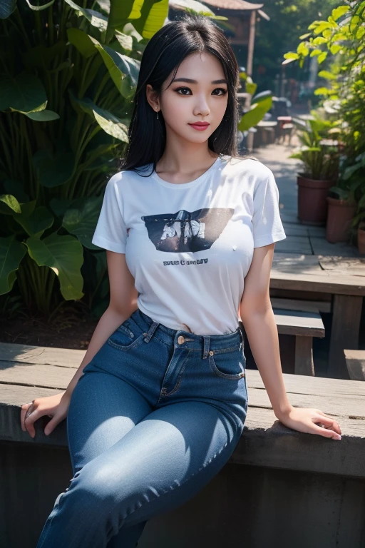 1 Indonesian girl, outdoors, detailed long black hair, detailed face, detailed eyes, medium breasts, shiny skin, looking at the viewer, wearing a white graphic t-shirt, dark blue long Levis pants (soft smile: 1.2), (happy), (8k , RAW photo, best quality, masterpiece: 1.2 ), (realistic, realistic: 1.37), very high resolution