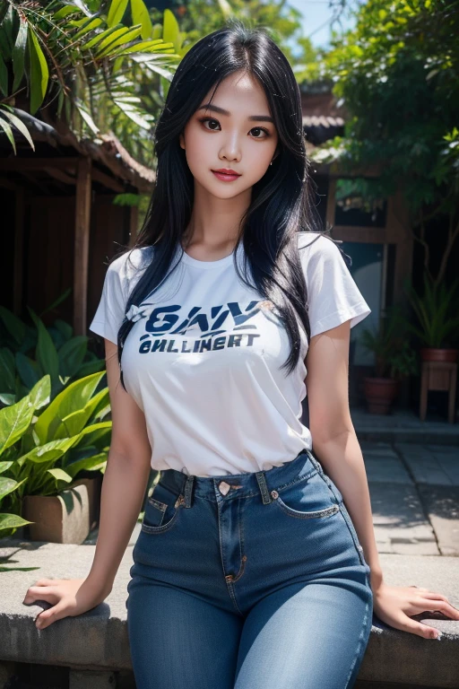 1 Indonesian girl, outdoors, detailed long black hair, detailed face, detailed eyes, medium breasts, shiny skin, looking at the viewer, wearing a white graphic t-shirt, dark blue long Levis pants (soft smile: 1.2), (happy), (8k , RAW photo, best quality, masterpiece: 1.2 ), (realistic, realistic: 1.37), very high resolution