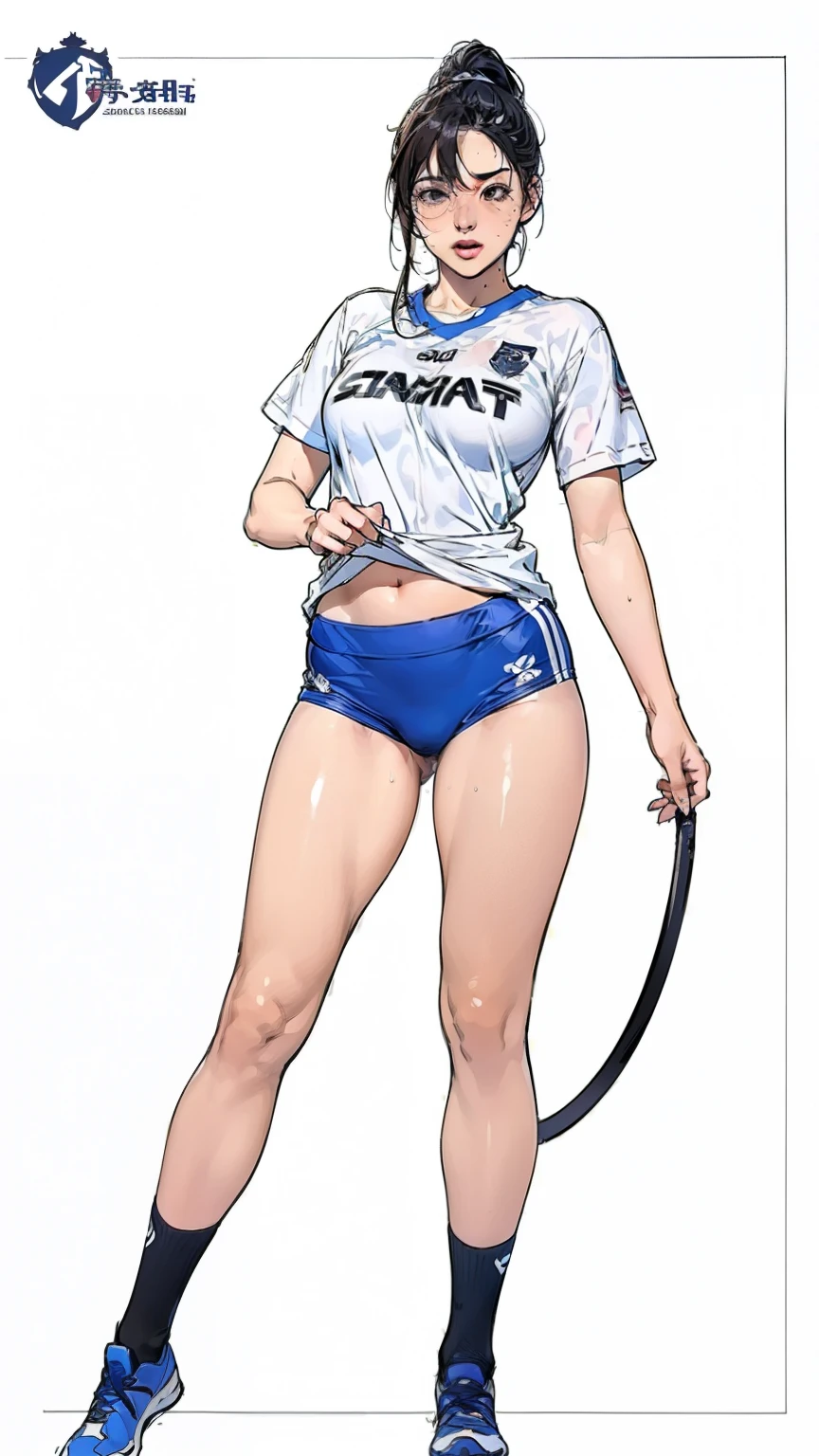 ((masterpiece)),(((best quality))),((character design sheet)),((rough sketch)),((vulgar)),Thick thighs,1 girl,big deal ,((between breasts)),cat juice,Wearing wet sexy soccer uniform and soccer shoes,Half-lifted shirt,milking