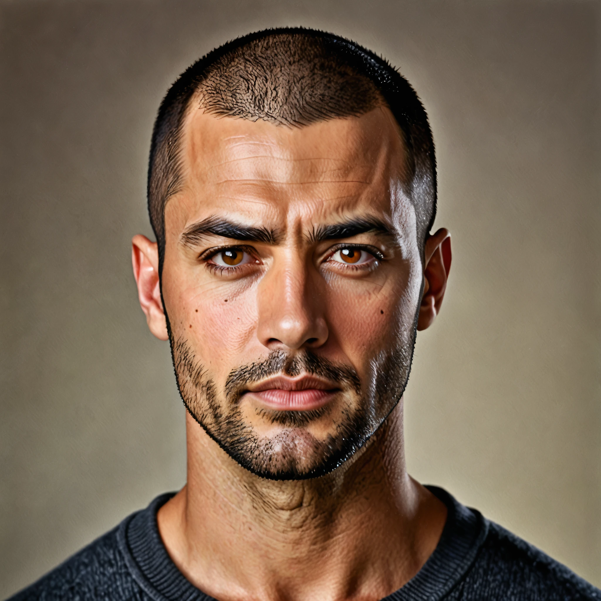 "(best quality,realistic:1.37),portrait of a 35-year-old, dark-haired man, buzz cut, intense gaze,detailed eyes,brown eyes,detailed lips,strong facial features,fine wrinkles,natural lighting,strong jawline,determining expression,subtle stubble,neutral background,vivid colors"