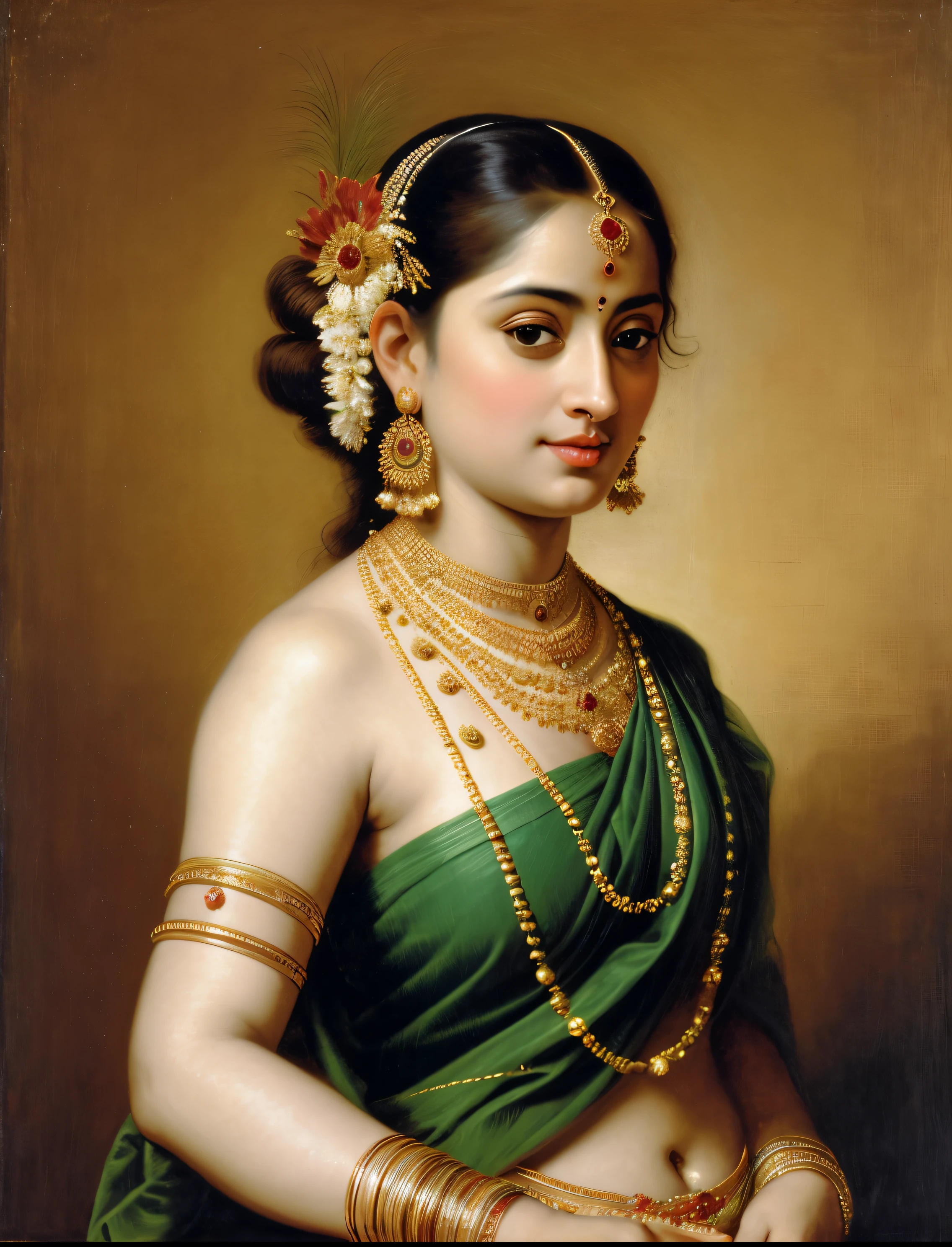 Beautiful Indian Woman, wearing saree, sari Beauty, gorgeous, Apsara, Maharani, royal queen woman, nymph from Hindu Mythology, Urvashi, matchless beauty, Highly detailed, Oil Painting by Peter Paul Rubens inspired by Raja Ravi Varma, Matchless beauty, captivating, gorgeous, heavenly beauty, celestial beauty, by Peter Paul Rubens, 13, realistic, hyper realistic, micro details, incredible artwork, insane details, ultra High resolution, 8k, 32k, acrylic on canvas, intricate, flawless, detailed, detailed face, detailed eyes, masterpiece, by Peter Paul Rubens, by Caravaggio, by William Adolphe bouguereau, perfect face, perfect body, beautiful art, realism, baroque, renaissance Art, highly textured, beautiful and detailed eyes, uhd, best quality,
