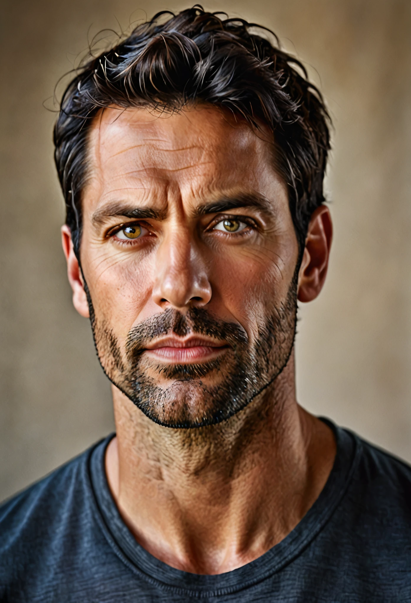 "(best quality,realistic:1.37),portrait of a 35-year-old, dark-haired man, intense gaze,detailed eyes,detailed lips,strong facial features,fine wrinkles,natural lighting,strong jawline,determining expression,subtle stubble,neutral background,vivid colors, short hair"
