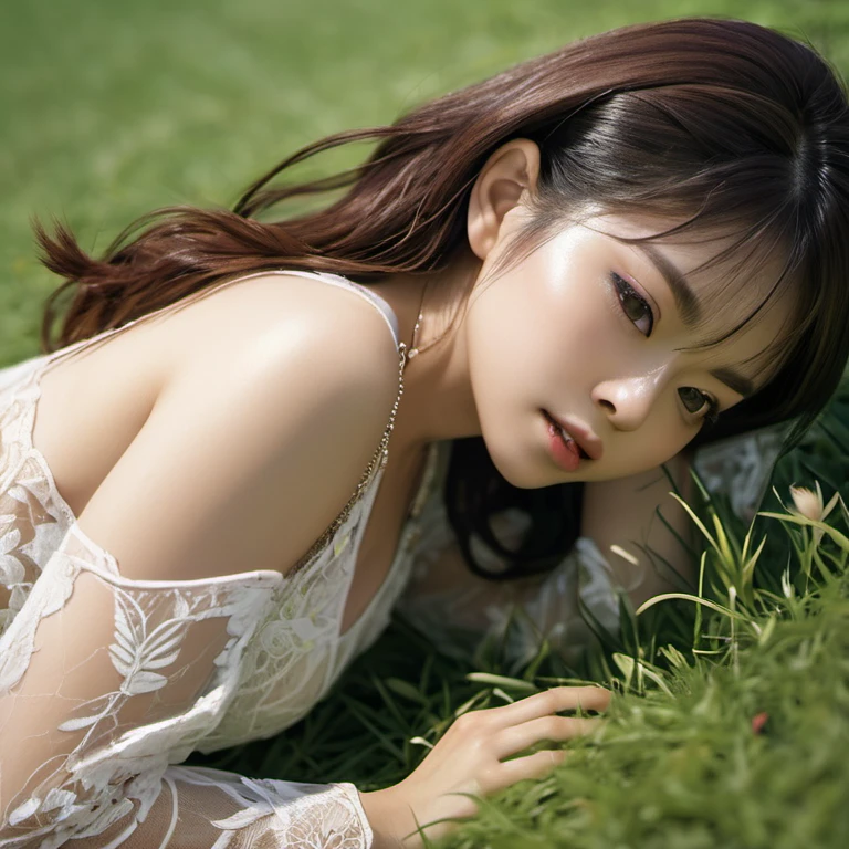 ( High resolution details of human skin texture:1.2),1 Japanese woman,medium breasts,put your hand on your chest,See-through, lace dress,necklace,on the grass,