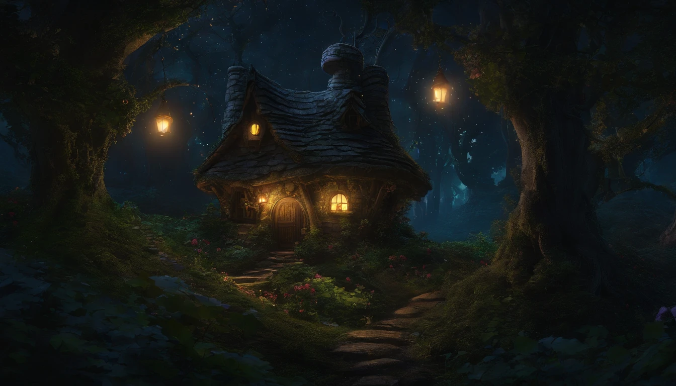 A mysterious and fantastic landscape stretches deep into the forest at midnight. The foreground depicts tall trees standing in a silent forest. Moonlight shines through them, projecting a pale light on the ground. The light shines on the leaves and branches of the trees, creating fantastic shadows. In the background, the view of the forest stretches out in the distance, giving off a sense of late-night stillness and mystery. In the middle of the forest, there is a small fairy house illuminated by moonlight, with faint lights dancing around it. The exterior of the fairy house is shaped like a cottage surrounded by trees with small round windows and doors and a roof covered with ivy and flowers. Its exterior walls are made of naturally colored stones and wood, creating an atmosphere of blending into the forest. Small lamps and candles are lit around the house, and their faint light twinkles in the night sky. Overall, it is a fantastic scene of late-night silence and mystery.. One-person viewpoint, Super Detail, high details, High quality, 8K