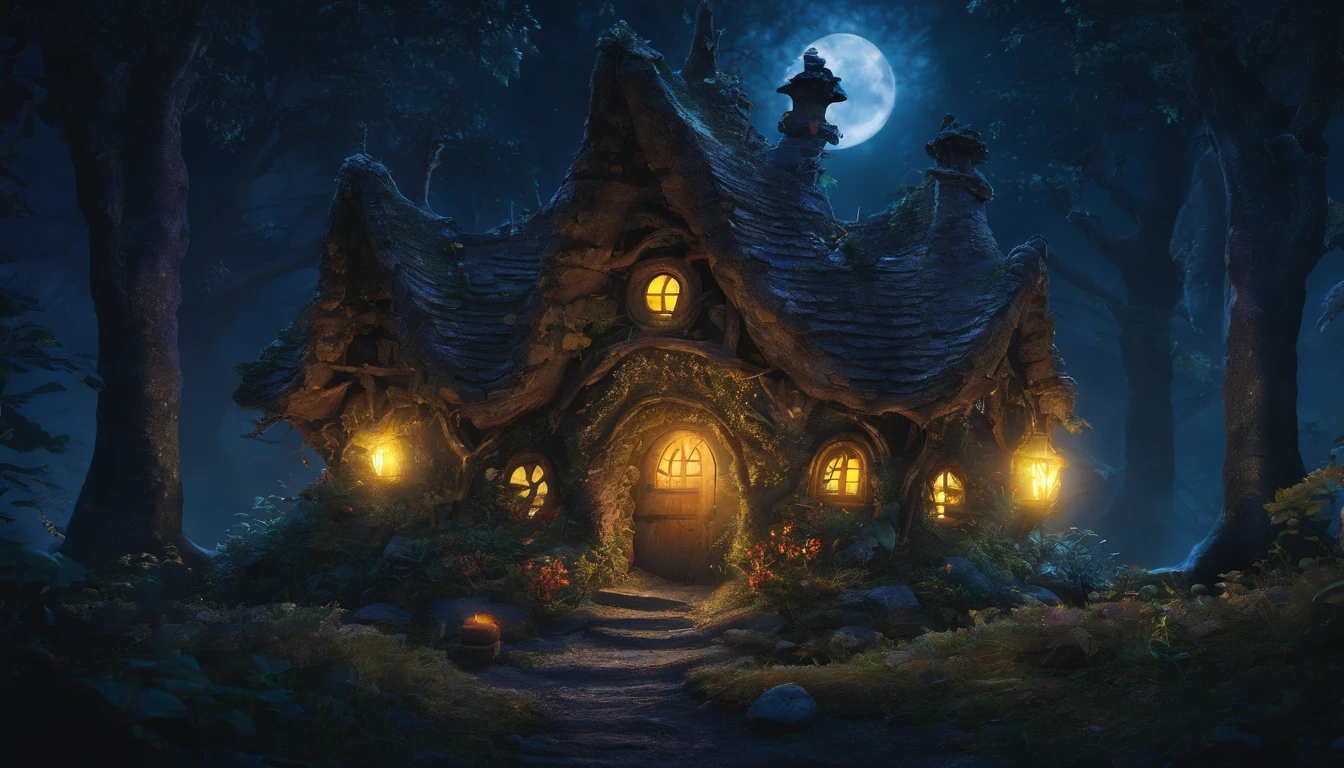A mysterious and fantastic landscape stretches deep into the forest at midnight. The foreground depicts tall trees standing in a silent forest. Moonlight shines through them, projecting a pale light on the ground. The light shines on the leaves and branches of the trees, creating fantastic shadows. In the background, the view of the forest stretches out in the distance, giving off a sense of late-night stillness and mystery. In the middle of the forest, there is a small fairy house illuminated by moonlight, with faint lights dancing around it. The exterior of the fairy house is shaped like a cottage surrounded by trees with small round windows and doors and a roof covered with ivy and flowers. Its exterior walls are made of naturally colored stones and wood, creating an atmosphere of blending into the forest. Small lamps and candles are lit around the house, and their faint light twinkles in the night sky. Overall, it is a fantastic scene of late-night silence and mystery.. One-person viewpoint, Super Detail, high details, High quality, 8K