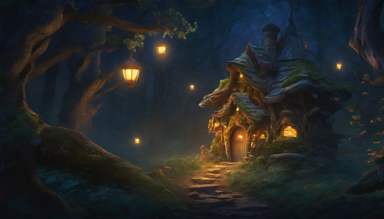A mysterious and fantastic landscape stretches deep into the forest at midnight. The foreground depicts tall trees standing in a silent forest. Moonlight shines through them, projecting a pale light on the ground. The light shines on the leaves and branches of the trees, creating fantastic shadows. In the background, the view of the forest stretches out in the distance, giving off a sense of late-night stillness and mystery. In the middle of the forest, there is a small fairy house illuminated by moonlight, with faint lights dancing around it. The exterior of the fairy house is shaped like a cottage surrounded by trees with small round windows and doors and a roof covered with ivy and flowers. Its exterior walls are made of naturally colored stones and wood, creating an atmosphere of blending into the forest. Small lamps and candles are lit around the house, and their faint light twinkles in the night sky. Overall, it is a fantastic scene of late-night silence and mystery.. One-person viewpoint, Super Detail, high details, High quality, 8K