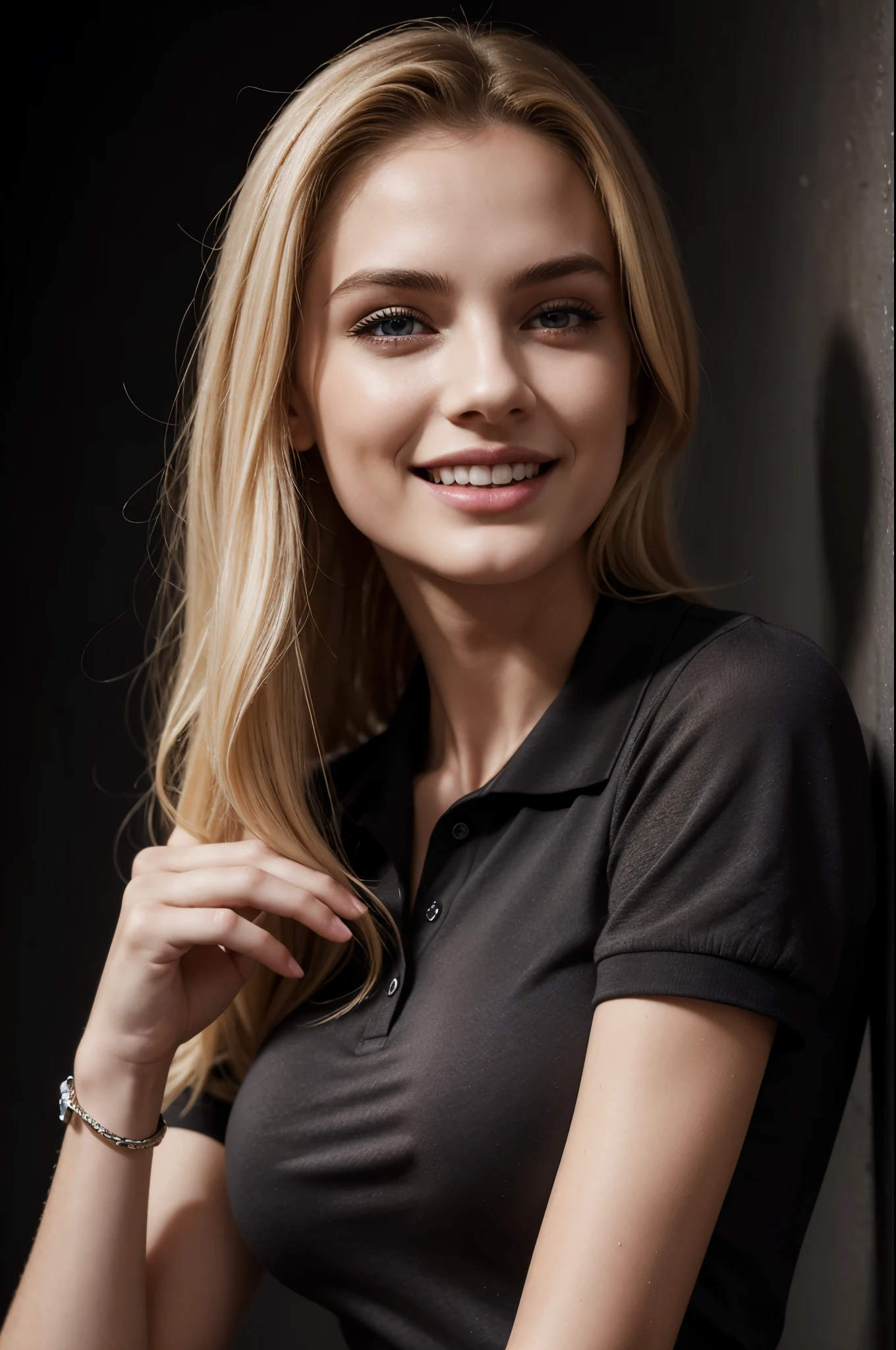masterpiece, best quality, extremely detailed, hyperrealistic, photorealistic, a beautiful 20s french model, blackbackground:1.1, fashion model posing, darkgray polo shirt:1.2, ultra detailed face, forehead, blonde hair, pale skin, busty breasts, laughing