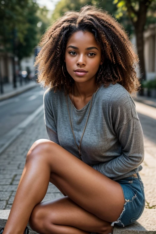 Beautiful black girl crouching down hugging her legs, Front view,8k