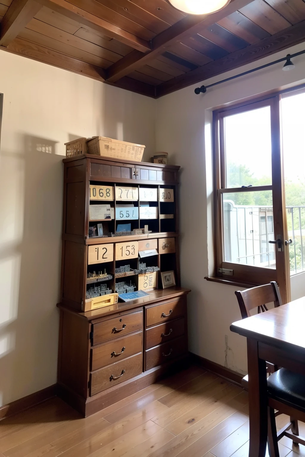 Middle of the troop settlement room,Let's do an abacus,The abacus is connected to the roof with wooden strips,Stick words on the front of the wooden strip from top to bottom(Live a clean life),back(Clear Accounts)