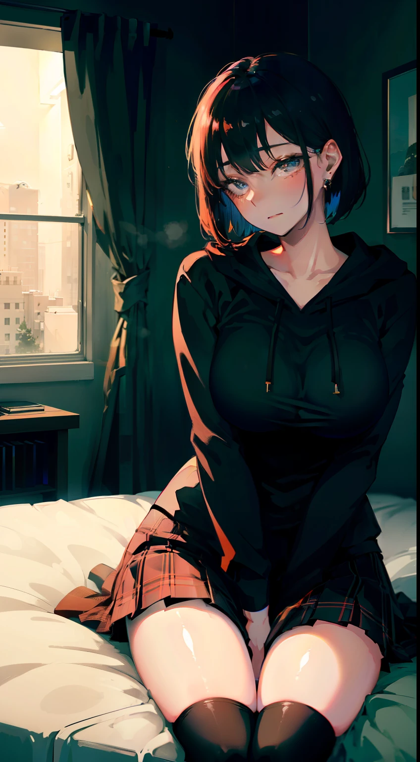 cinematic lighting、(key light：Front diagonal 45 degrees, fill light、Backlight、Shadow、blue and orange color palette), accurate human body、knowledgeable person、Correct five-finger、Raw photo、 4K - ultra-vivid、highest quality, masterpiece, ultra high resolution, (reality: 1.4), 

(((oil skin,glowing skin、realistic skin texture、fine and beautiful skin、shiny skin、shiny skin)))、


upper body shot, camera angle is low, written boundary depth, Focus on the center, fine eyes, perfect face and eyes、

girl, black short bob, early teens, Black hoodie with pockets, plaid mini skirt, Purple collar, black face mask, earrings, 
big breasts, thin,  Naughty, 
zettai ryouiki, absurd解決策, absurd, highest quality, (((big breasts、big breastsの谷間)))、dark room、A room without lights、Desaturated room、love hotel bed、indoor、love hotel bedルーム、on the bed、(((big breastsの谷間))),