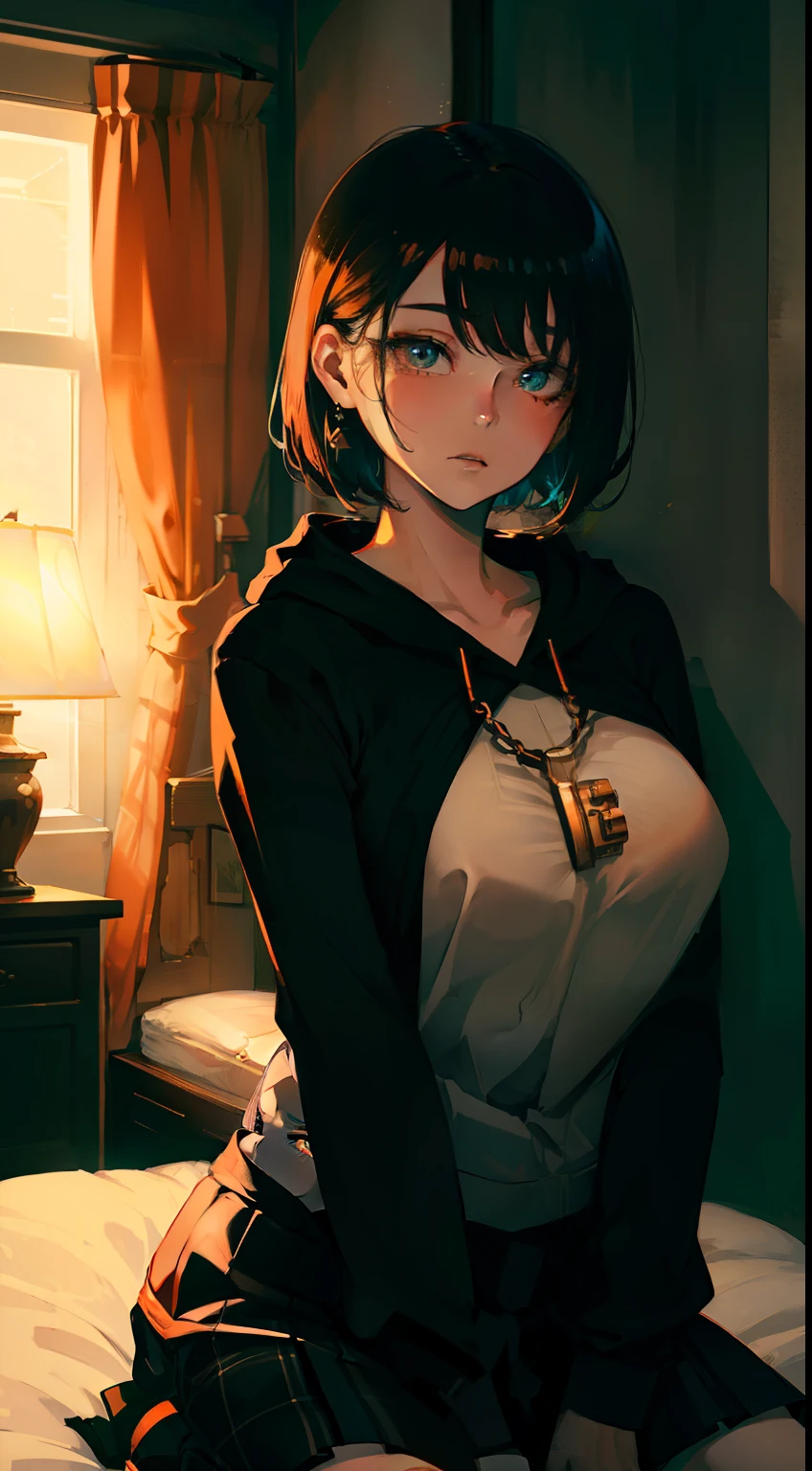 cinematic lighting、(key light：Front diagonal 45 degrees, fill light、Backlight、Shadow、blue and orange color palette), accurate human body、knowledgeable person、Correct five-finger、Raw photo、 4K - ultra-vivid、highest quality, masterpiece, ultra high resolution, (reality: 1.4), 

(((oil skin,glowing skin、realistic skin texture、fine and beautiful skin、shiny skin、shiny skin)))、


upper body shot, camera angle is low, written boundary depth, Focus on the center, fine eyes, perfect face and eyes、

girl, black short bob, early teens, Black hoodie with pockets, plaid mini skirt, Purple collar, black face mask, earrings, 
big breasts, thin,  Naughty, 
zettai ryouiki, absurd解決策, absurd, highest quality, (((big breasts、big breastsの谷間)))、dark room、A room without lights、Desaturated room、love hotel bed、indoor、love hotel bedルーム、on the bed、(((big breastsの谷間))),