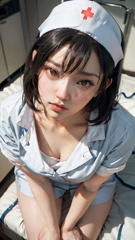 a close up of a woman in a nurse uniform sitting on a bed, nudity, show her pussy, sakimi chan, a hyperrealistic , ilya kuvshinov. 4 k, photorealistic anime, hyperrealistic , realistic young gravure idol, hyper realistic anime, gorgeous maid, makoto shinkai and artgerm, kotegawa yui